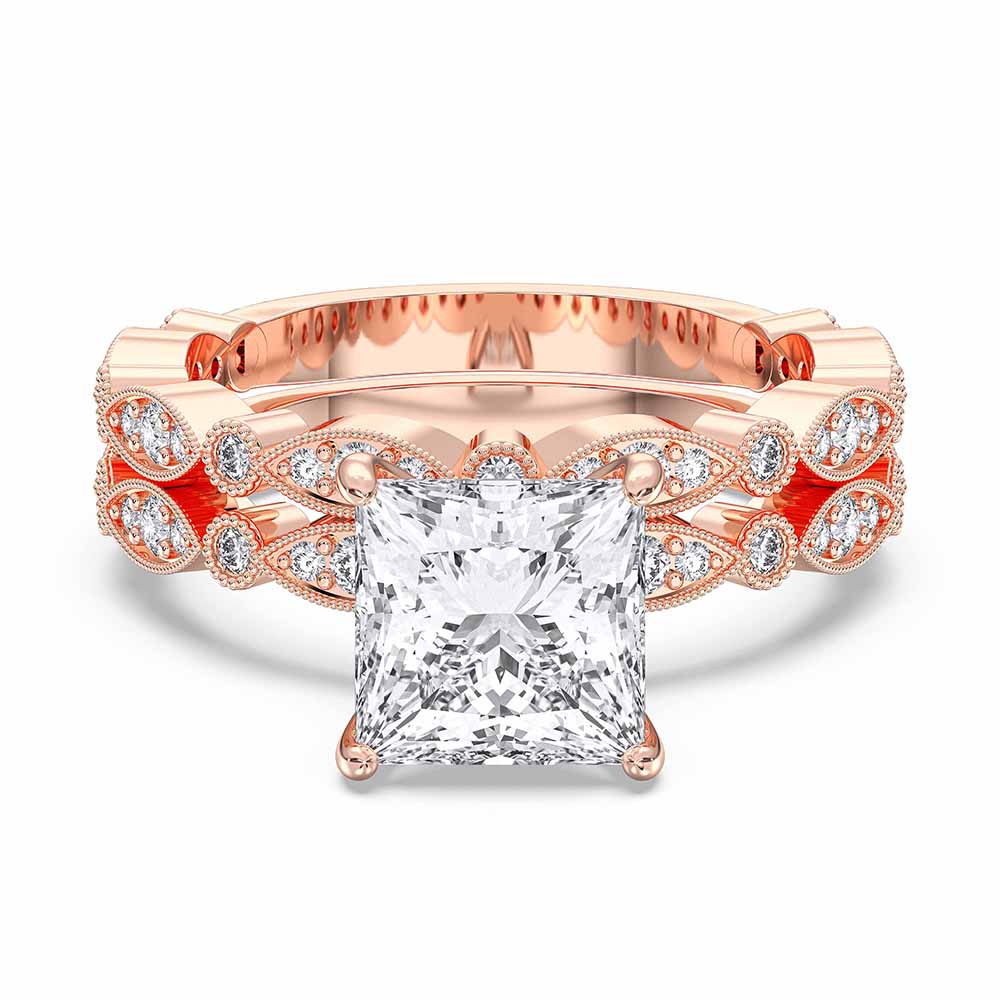 3.63 Carat Princess & Round Cut Lab Grown Diamond Solitaire Engagement With Matching Wedding Band in Solid Gold