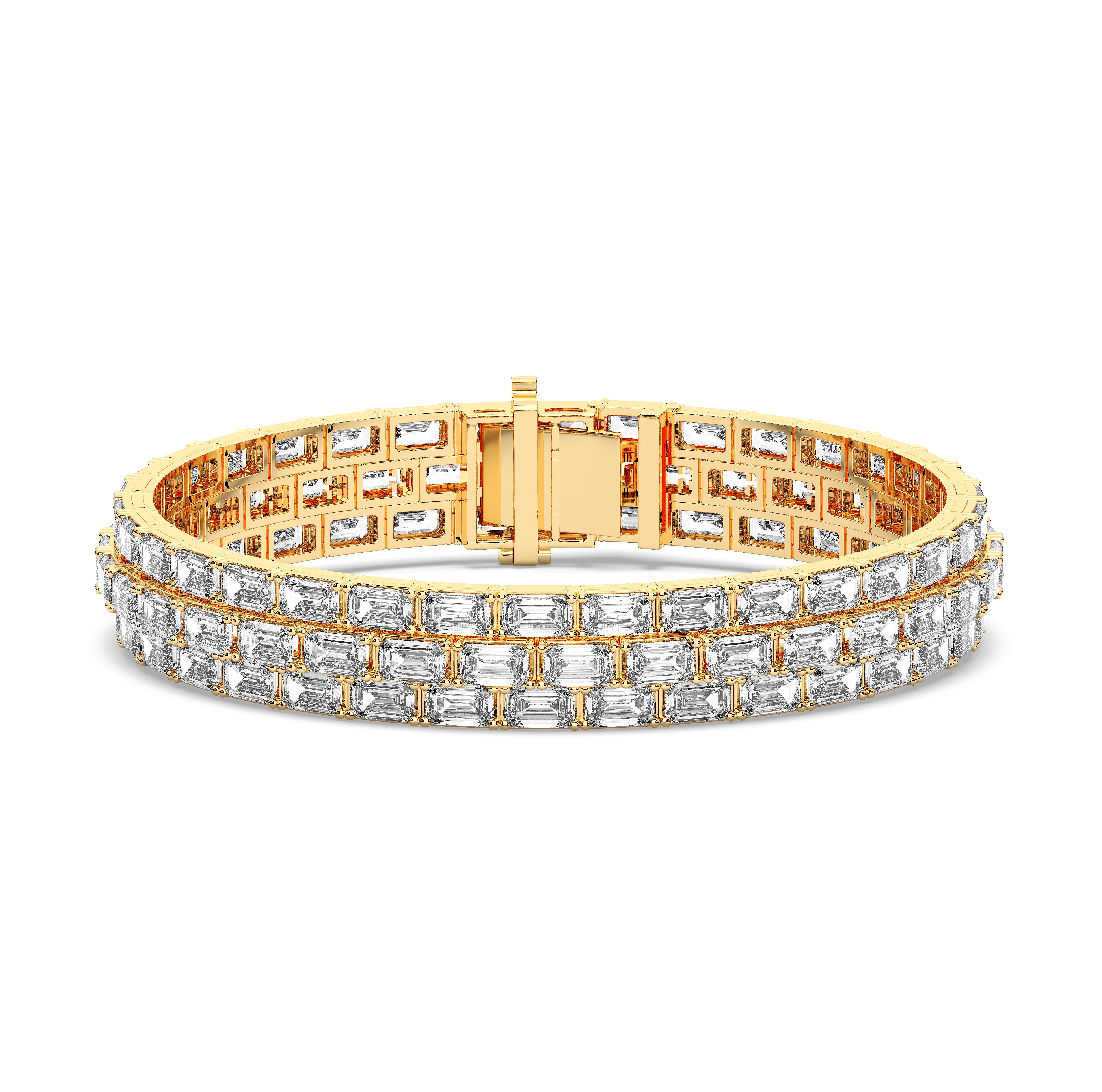 32.40 Carat Emerald Shape Lab Grown Diamond 3 Row Elegant Bracelet Made in Solid Gold