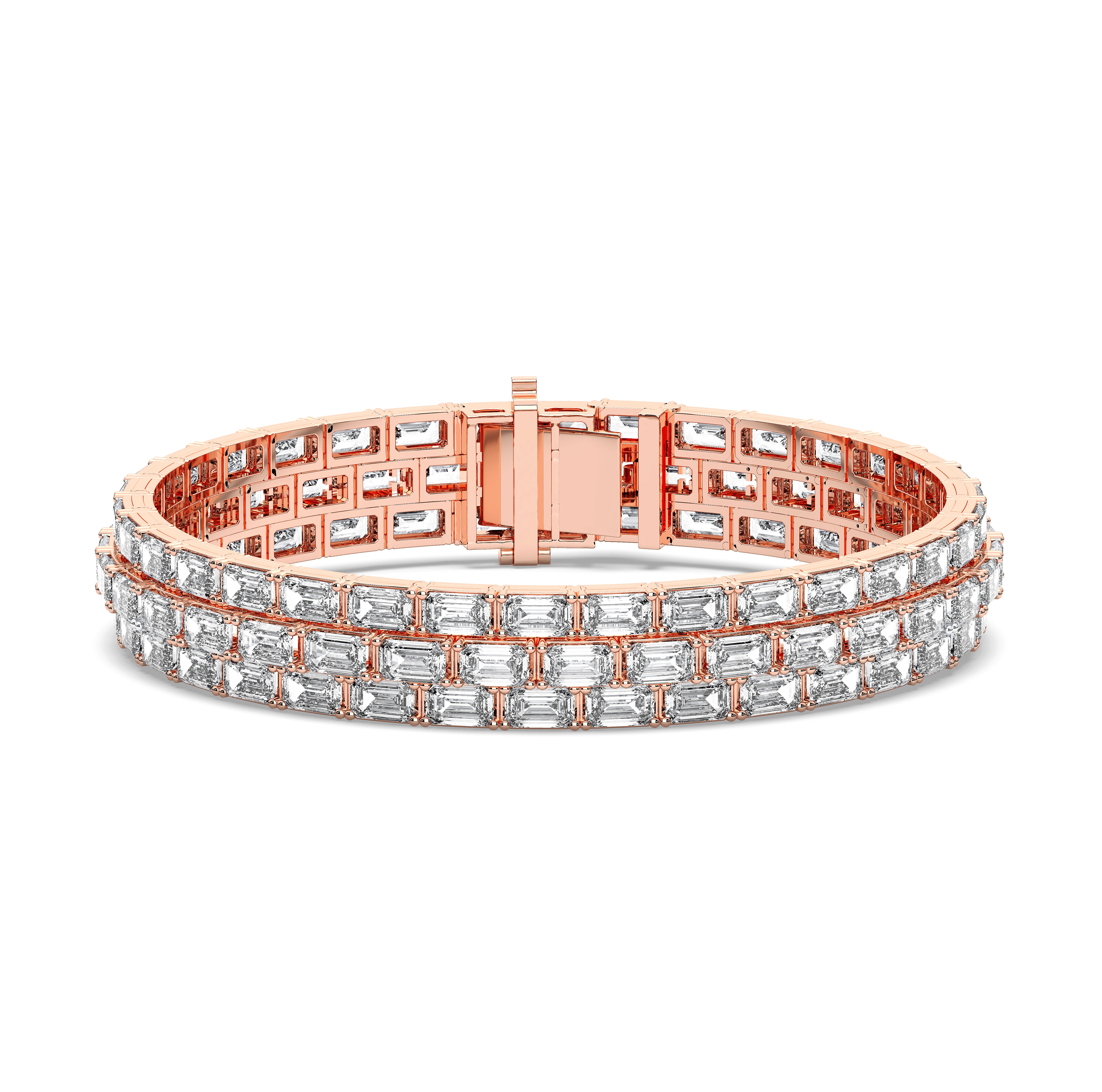 32.40 Carat Emerald Shape Lab Grown Diamond 3 Row Elegant Bracelet Made in Solid Gold
