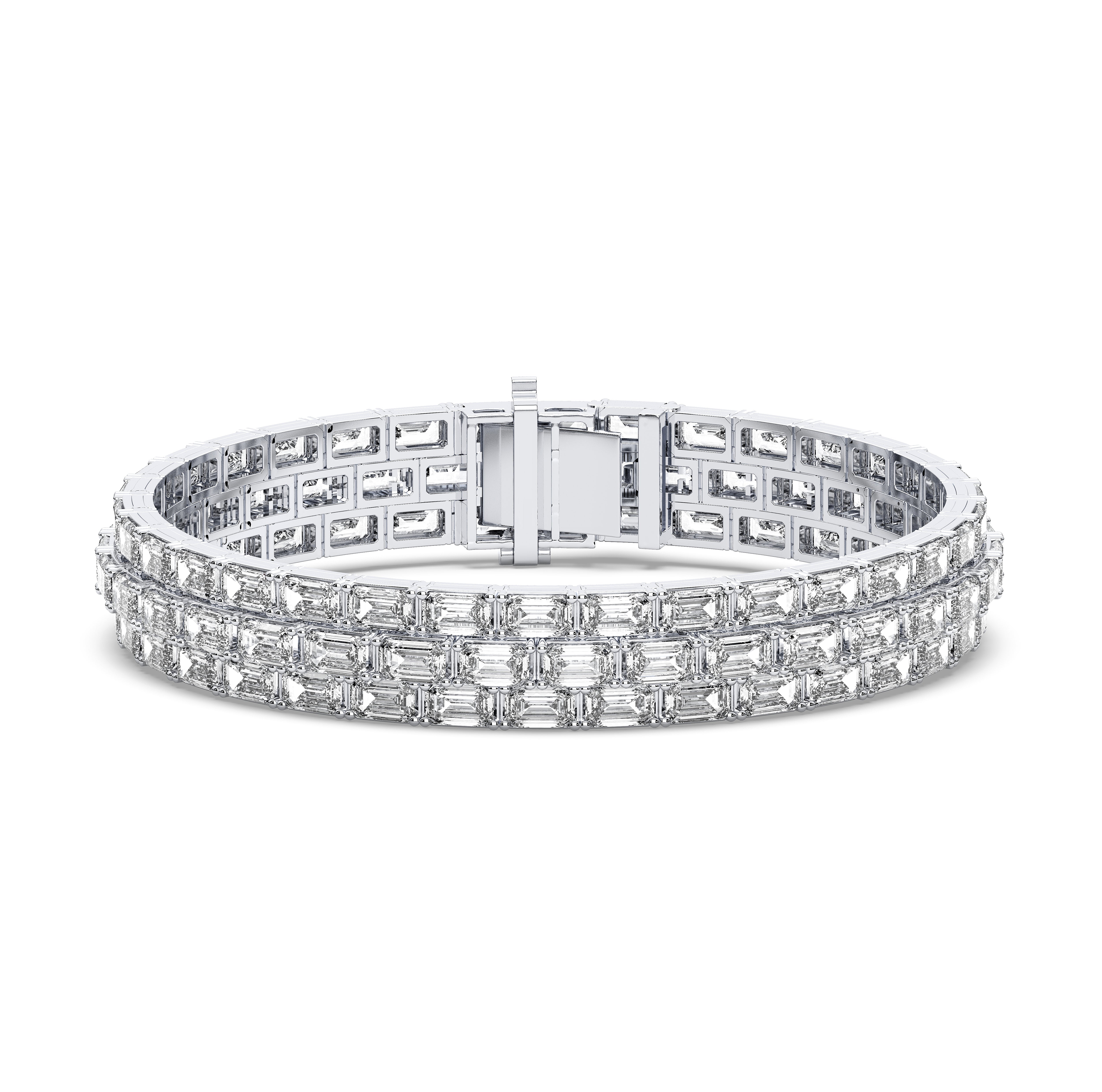 32.40 Carat Emerald Shape Lab Grown Diamond 3 Row Elegant Bracelet Made in Solid Gold