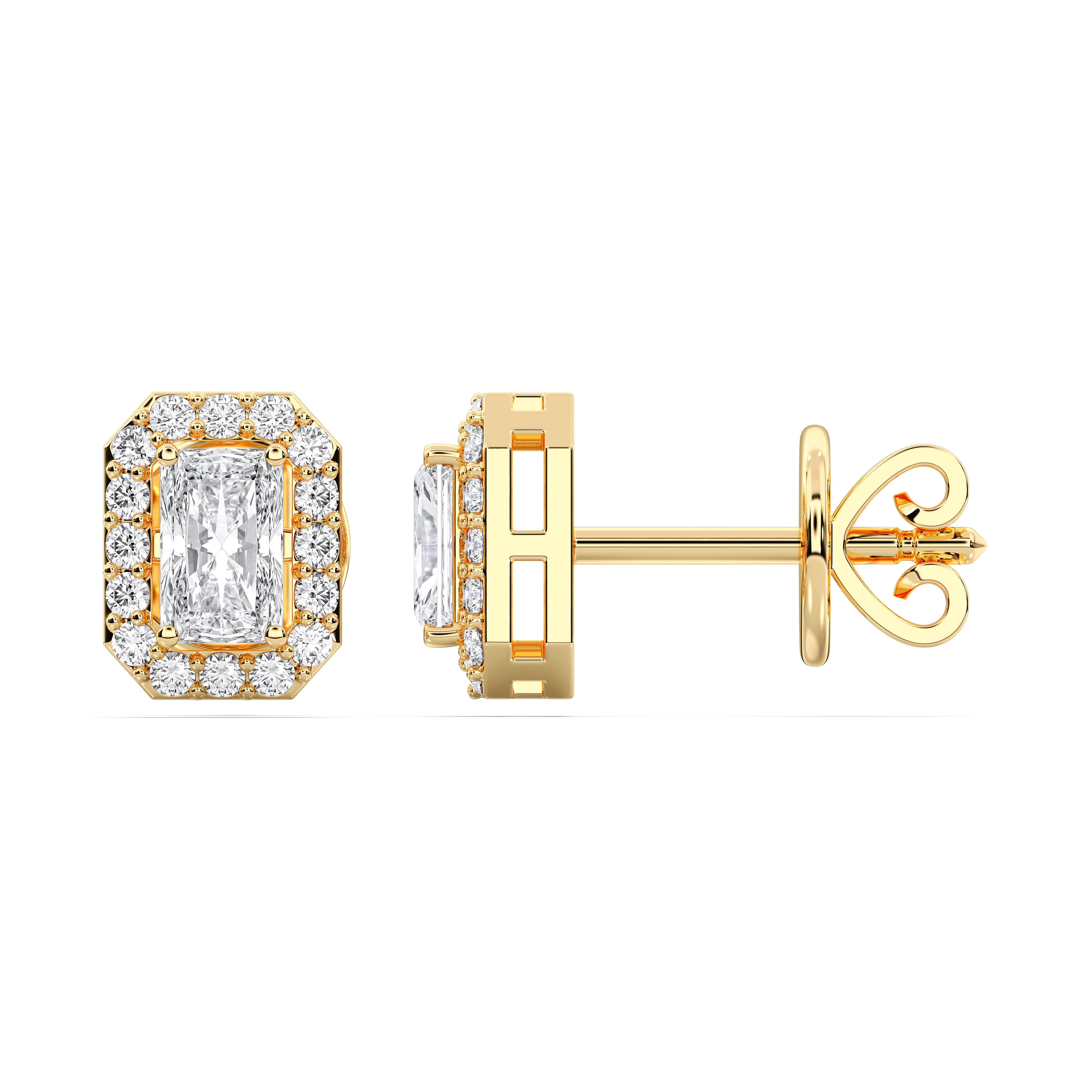 0.80 Carat Radiant Cut & Round Diamond Halo Stud Earring in Solid Gold For Her