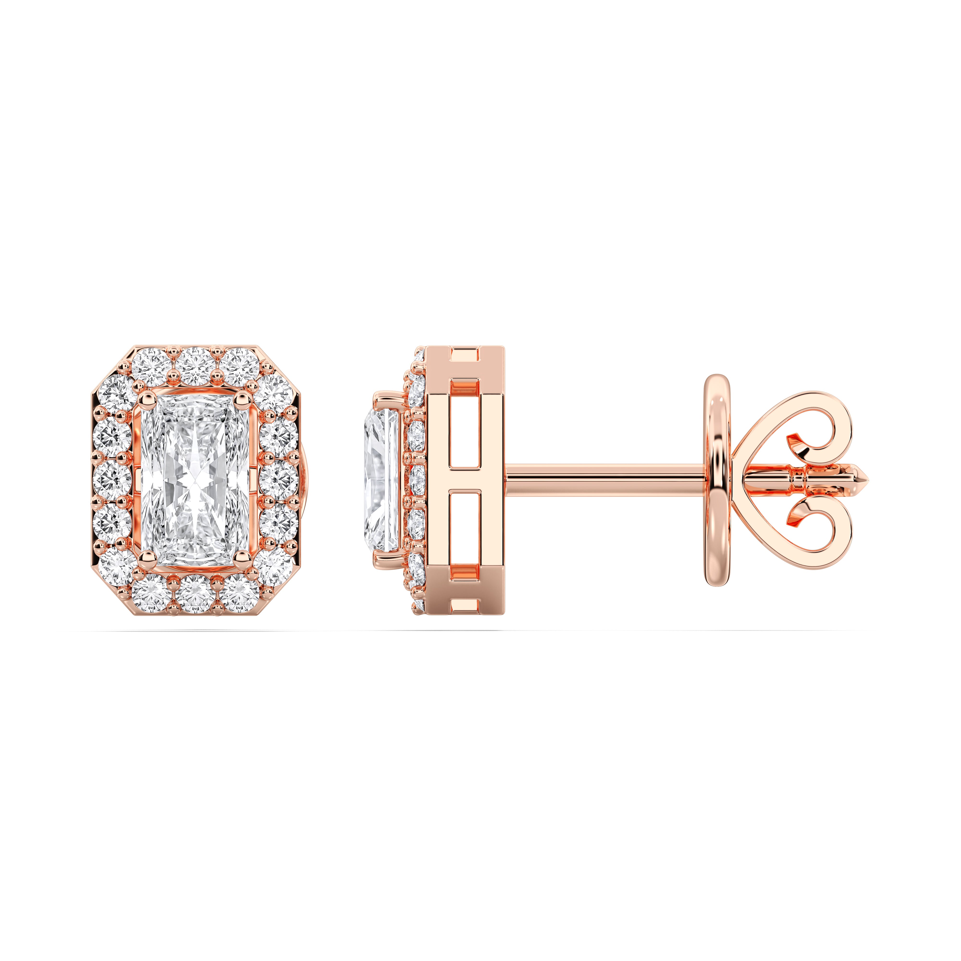 0.80 Carat Radiant Cut & Round Diamond Halo Stud Earring in Solid Gold For Her