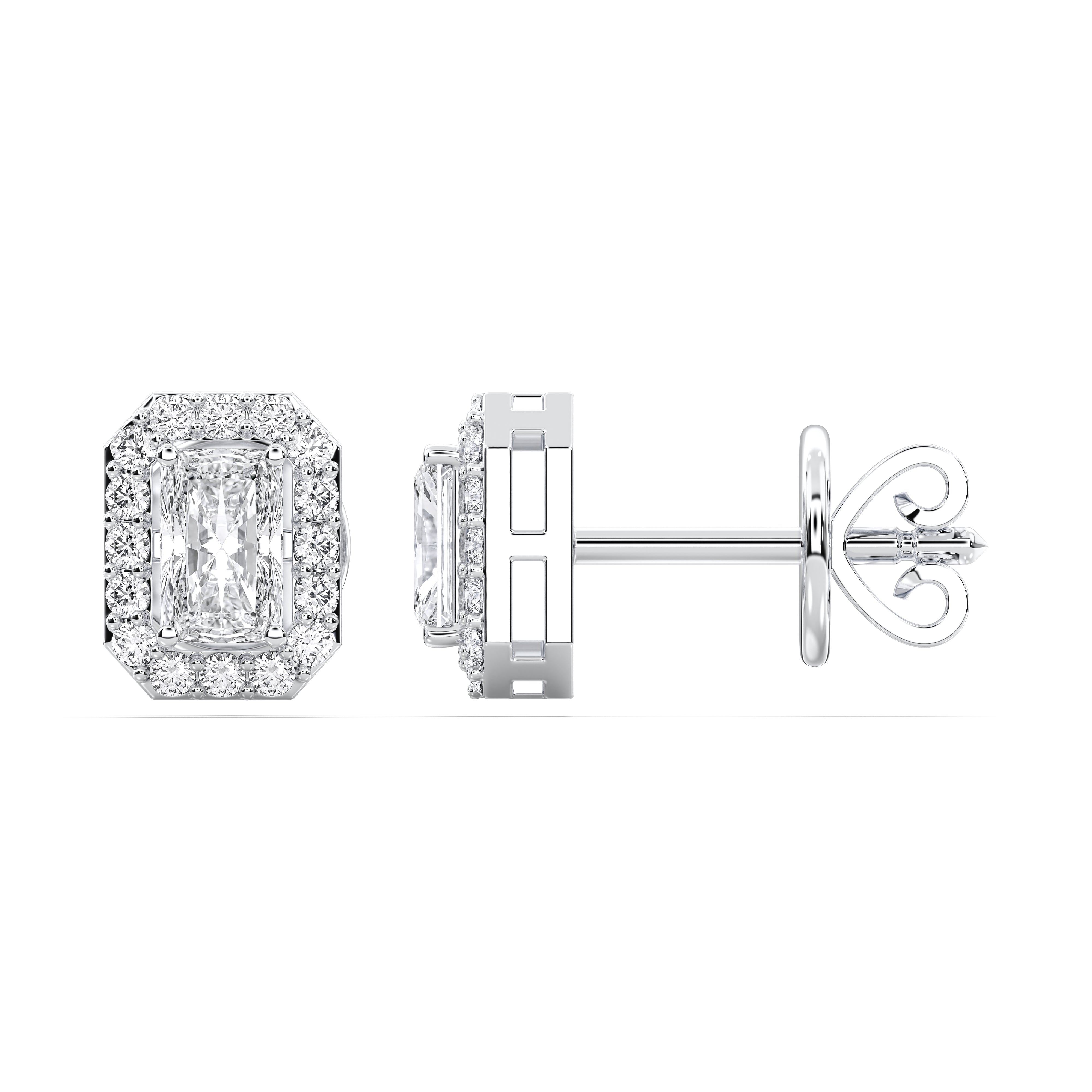 0.80 Carat Radiant Cut & Round Diamond Halo Stud Earring in Solid Gold For Her
