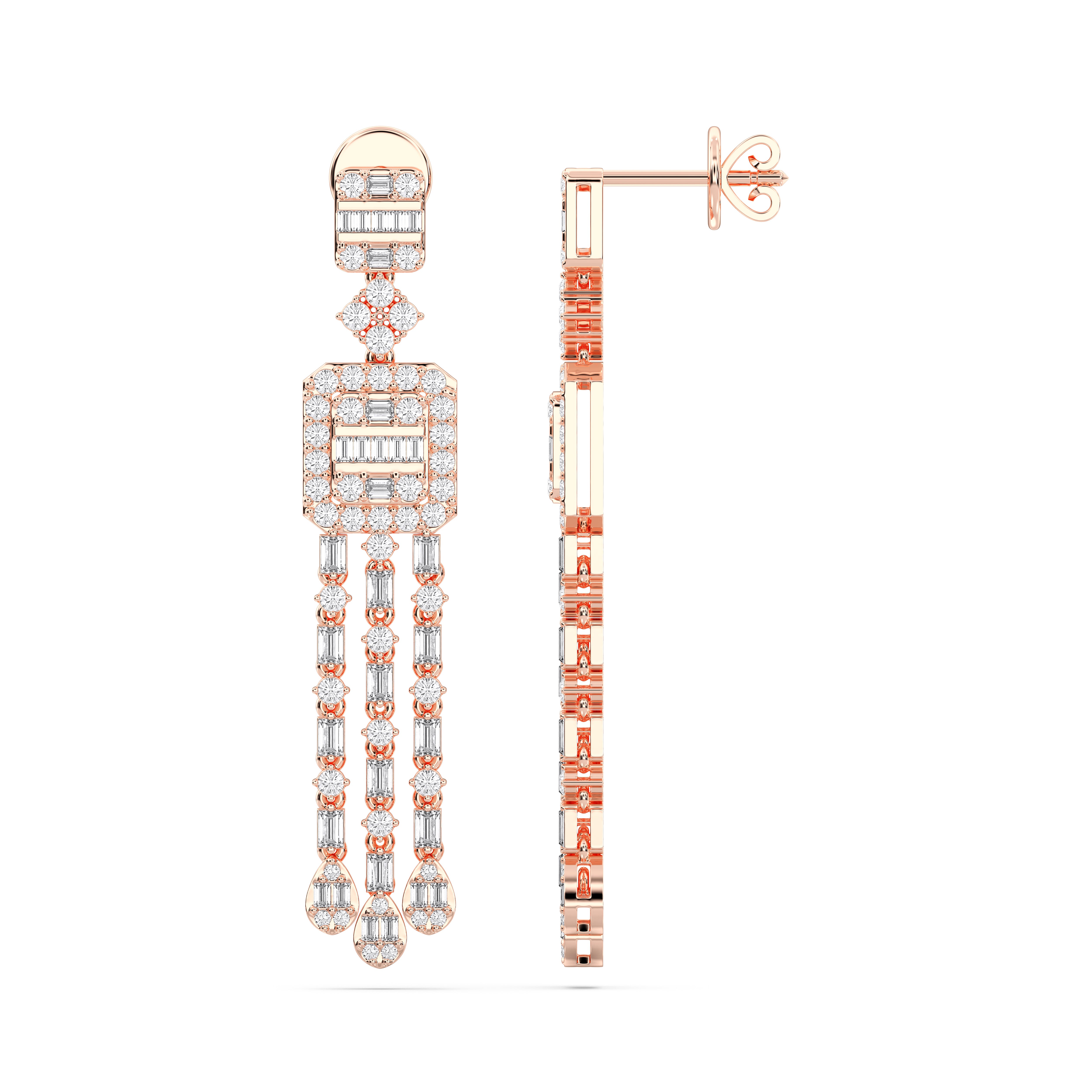 2.50 Carat Round & Baguette Cut Lab Grown Diamond Drop Dangle Dessigner Earring For Her in Solid Gold