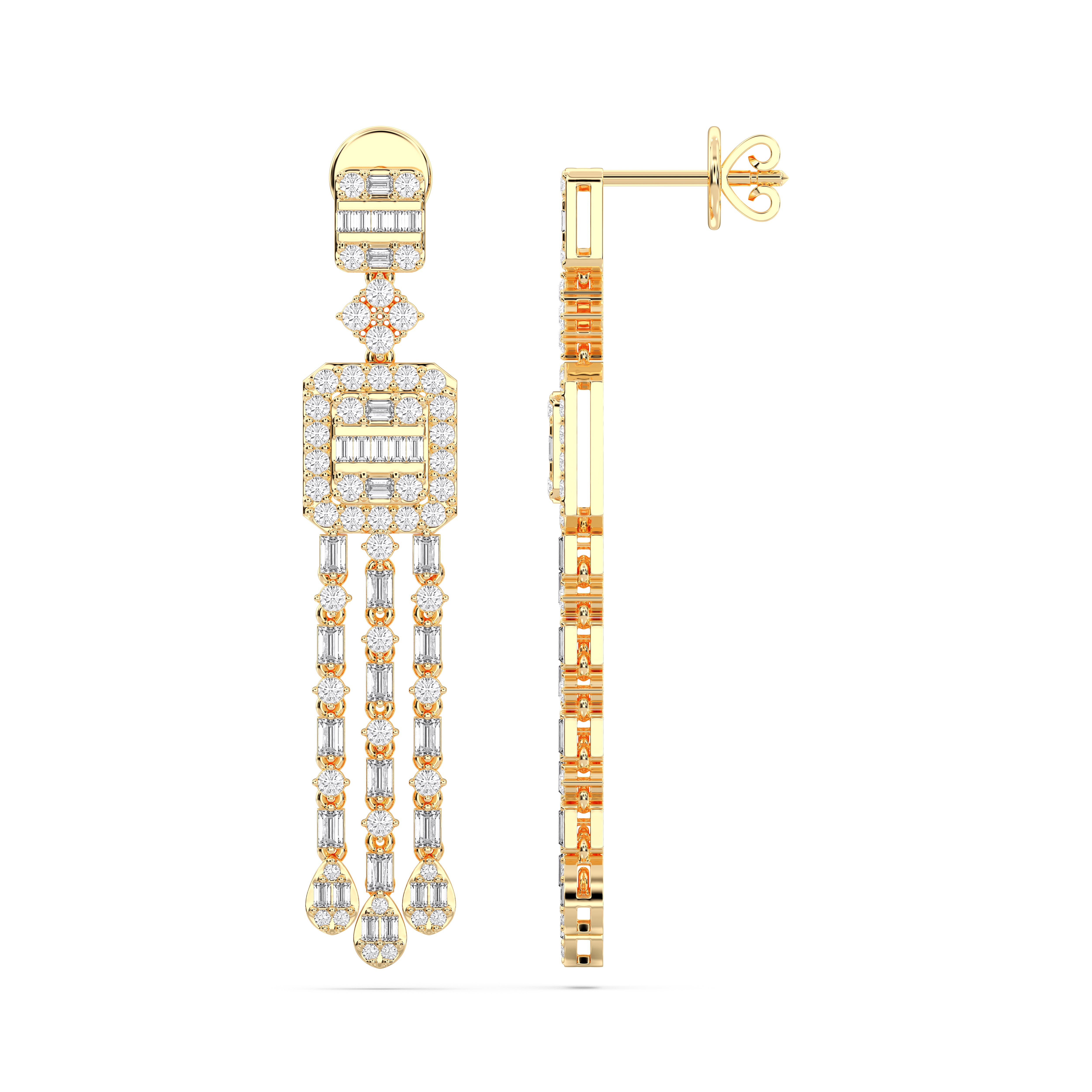 2.50 Carat Round & Baguette Cut Lab Grown Diamond Drop Dangle Dessigner Earring For Her in Solid Gold