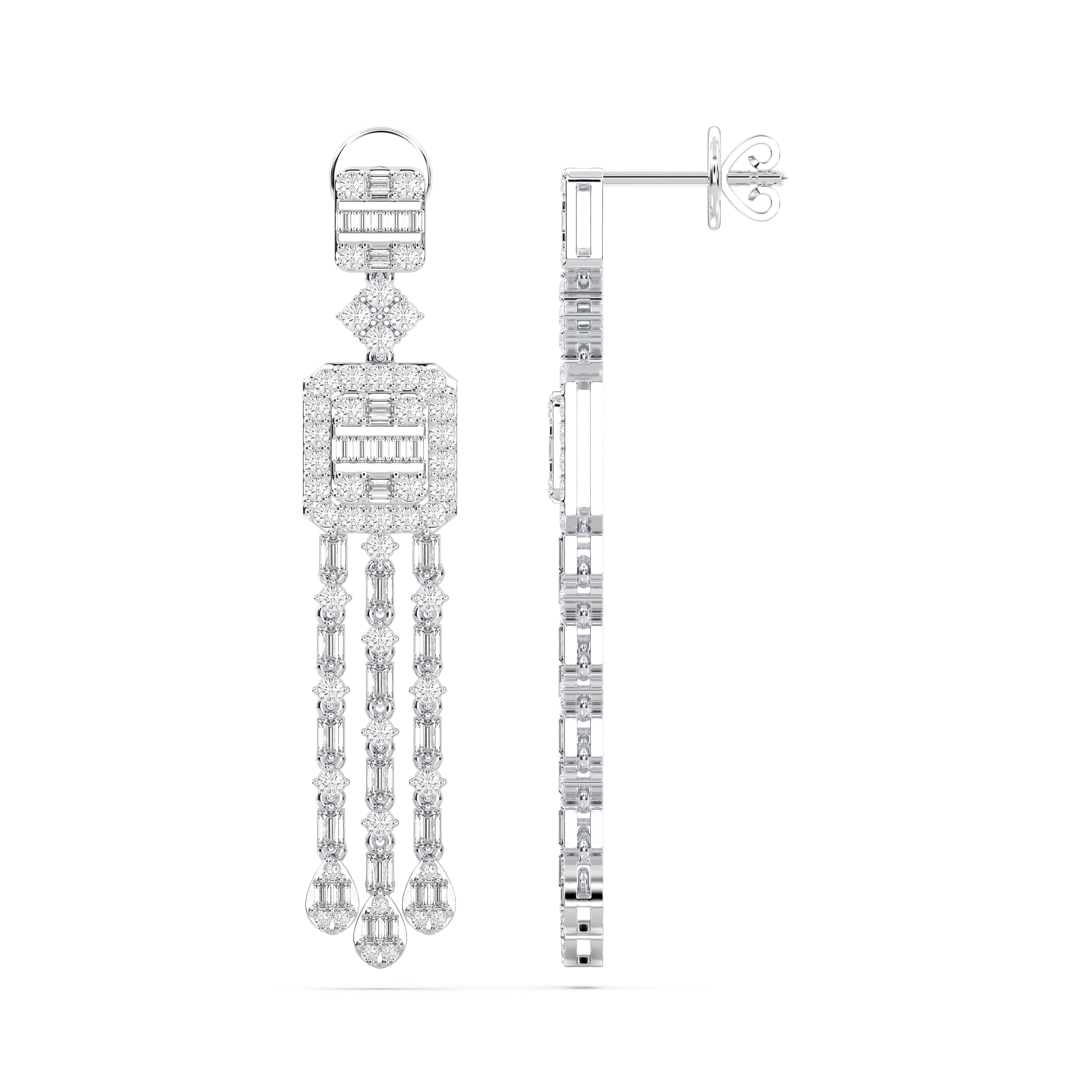 2.50 Carat Round & Baguette Cut Lab Grown Diamond Drop Dangle Dessigner Earring For Her in Solid Gold