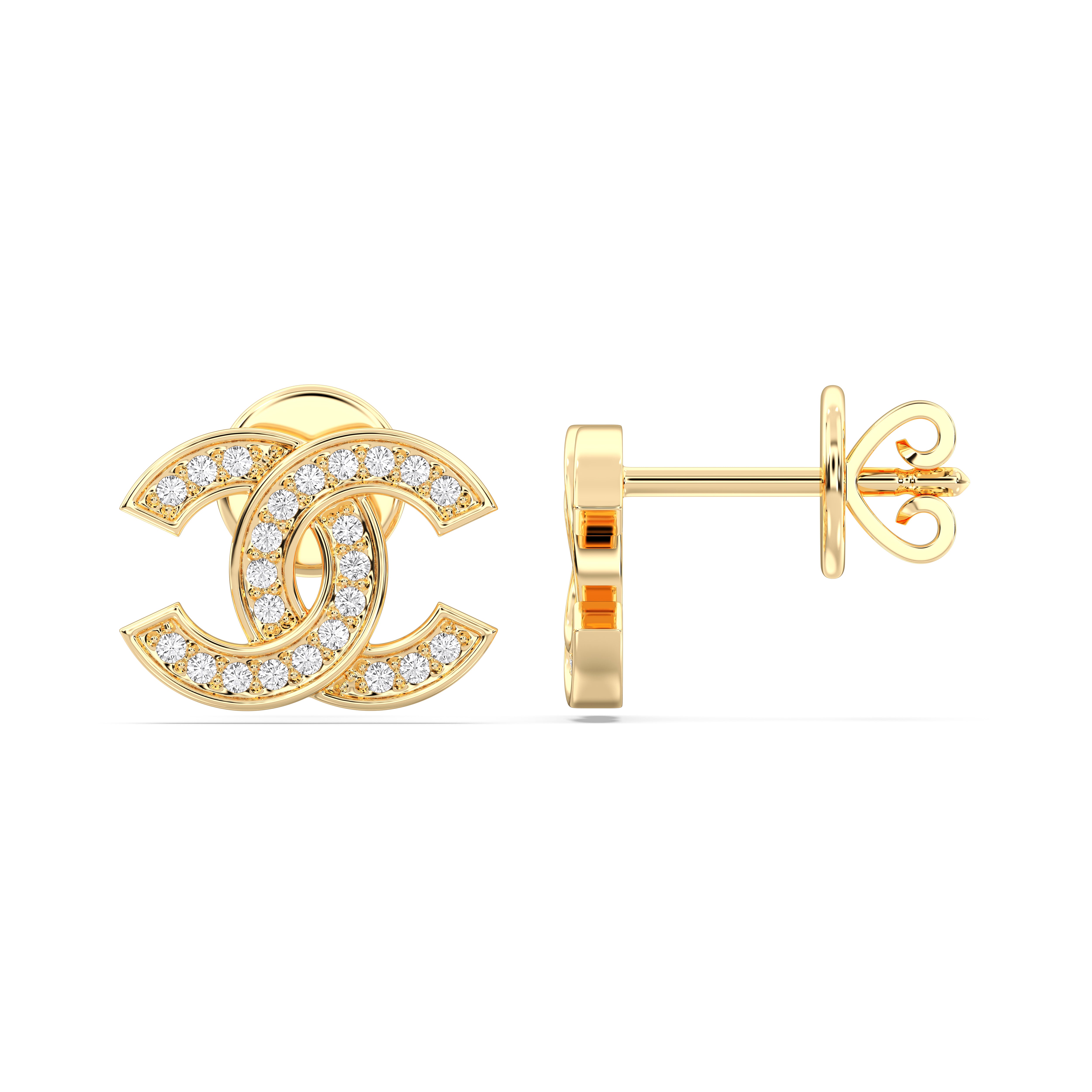 0.24 Carat Round Cut Lab Grown Diamond  "C" interlocking designer Stud Earring Made in Solid Gold