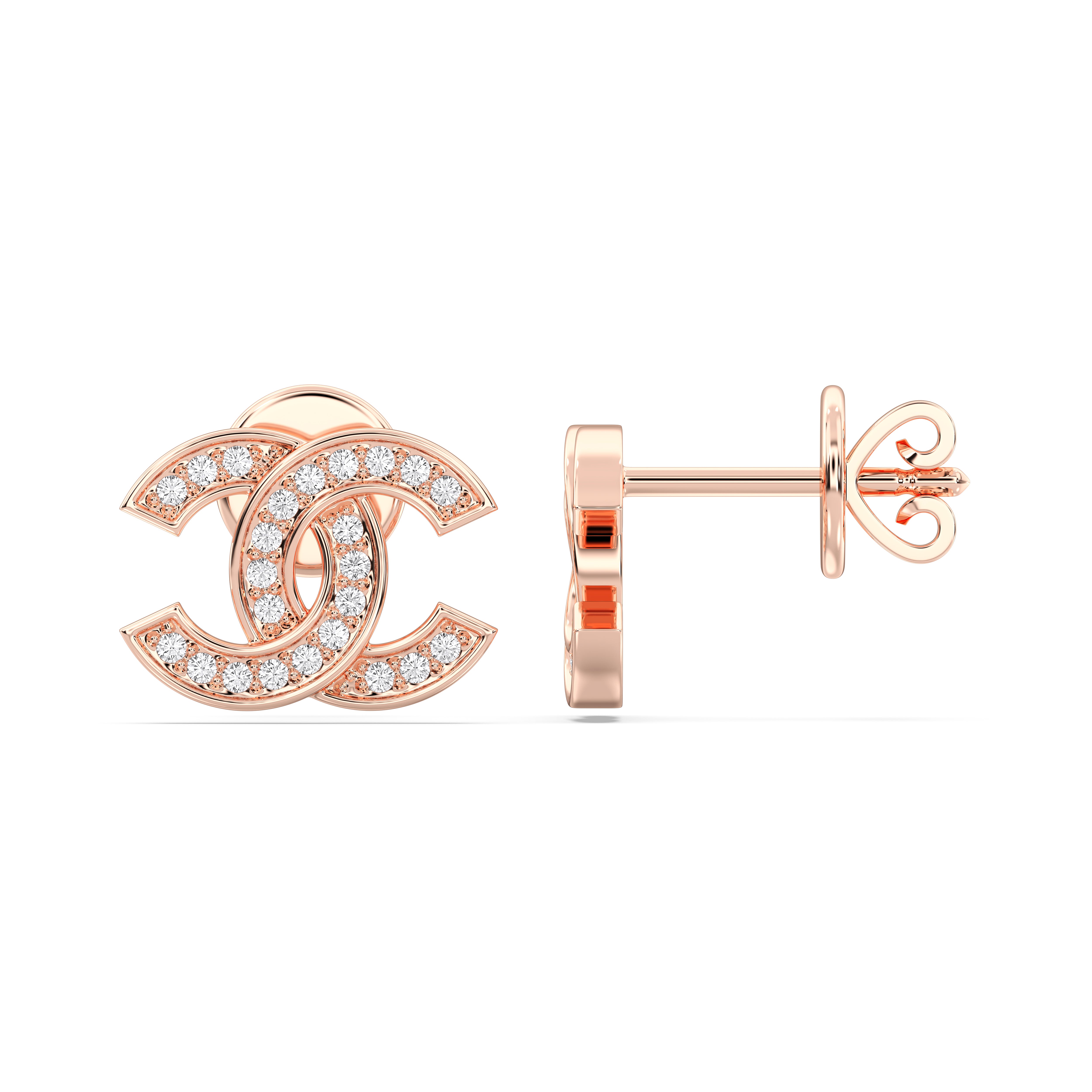 0.24 Carat Round Cut Lab Grown Diamond  "C" interlocking designer Stud Earring Made in Solid Gold