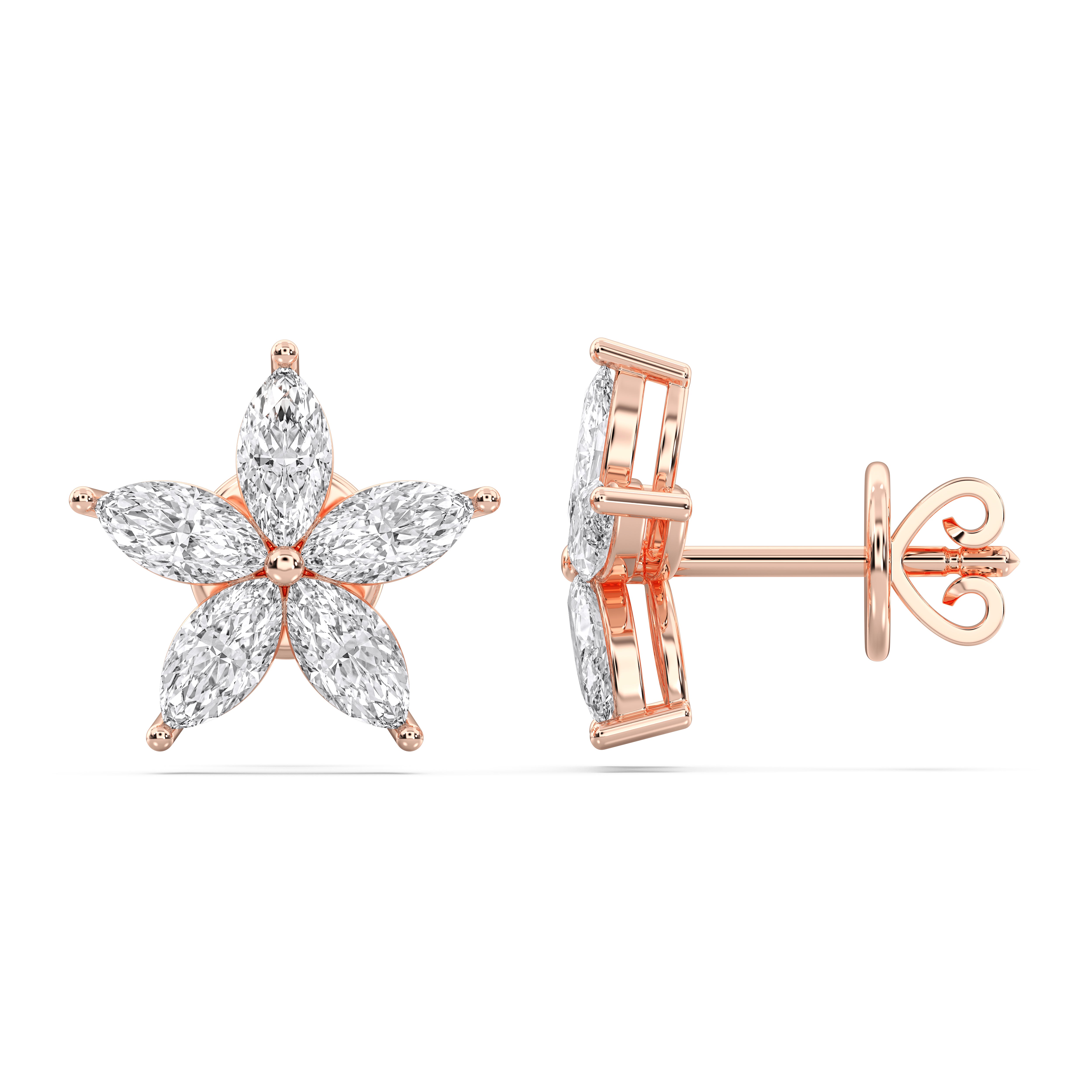 2.00 Carat Marquise Cut Lab Grown Diamond Star Shape Push Back Stud Earring in Solid Gold
