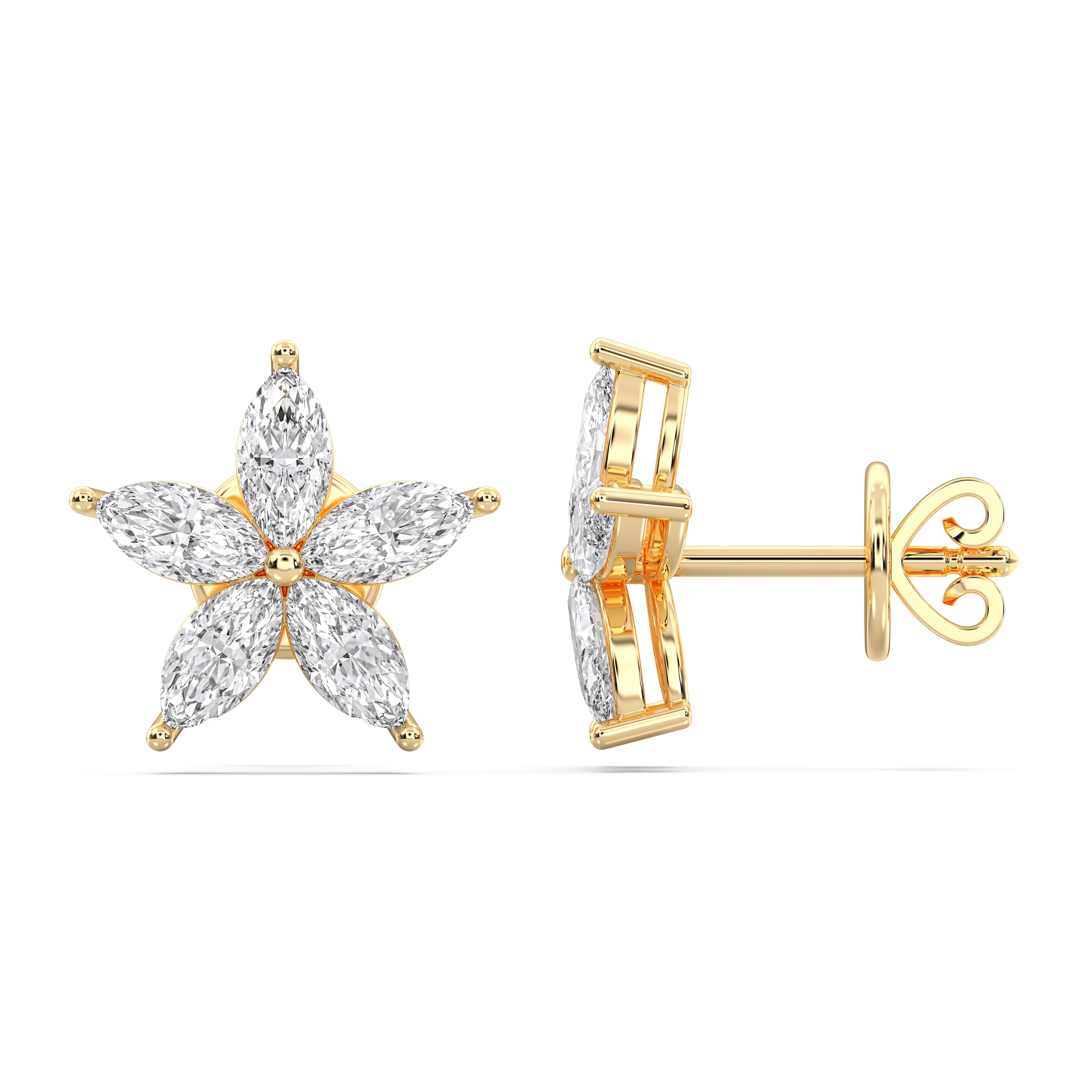 2.00 Carat Marquise Cut Lab Grown Diamond Star Shape Push Back Stud Earring in Solid Gold