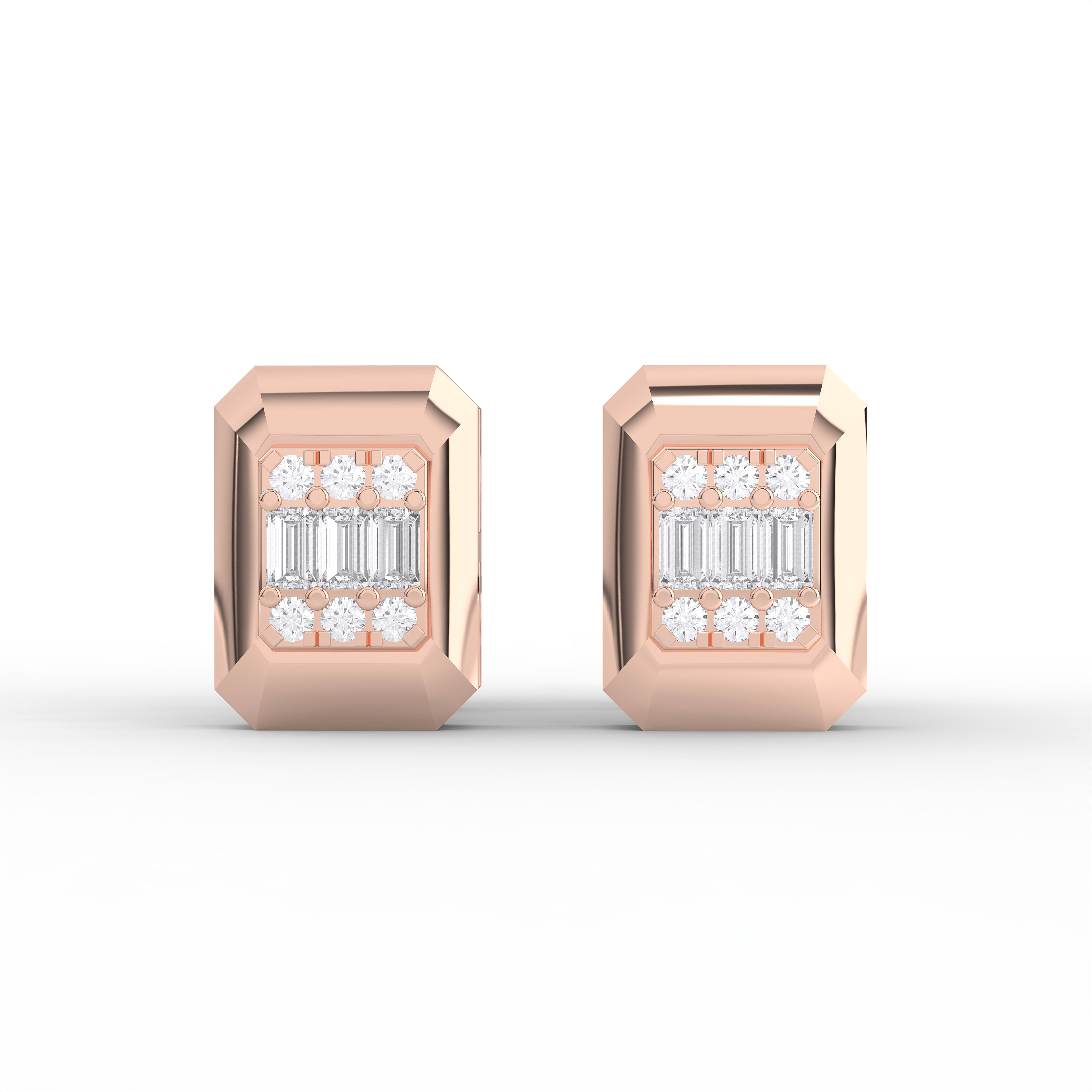 0.16 Ct Round & Baguette Cut Lab Grown Diamond Classic Rectangular Stud Earring Made in Solid Gold