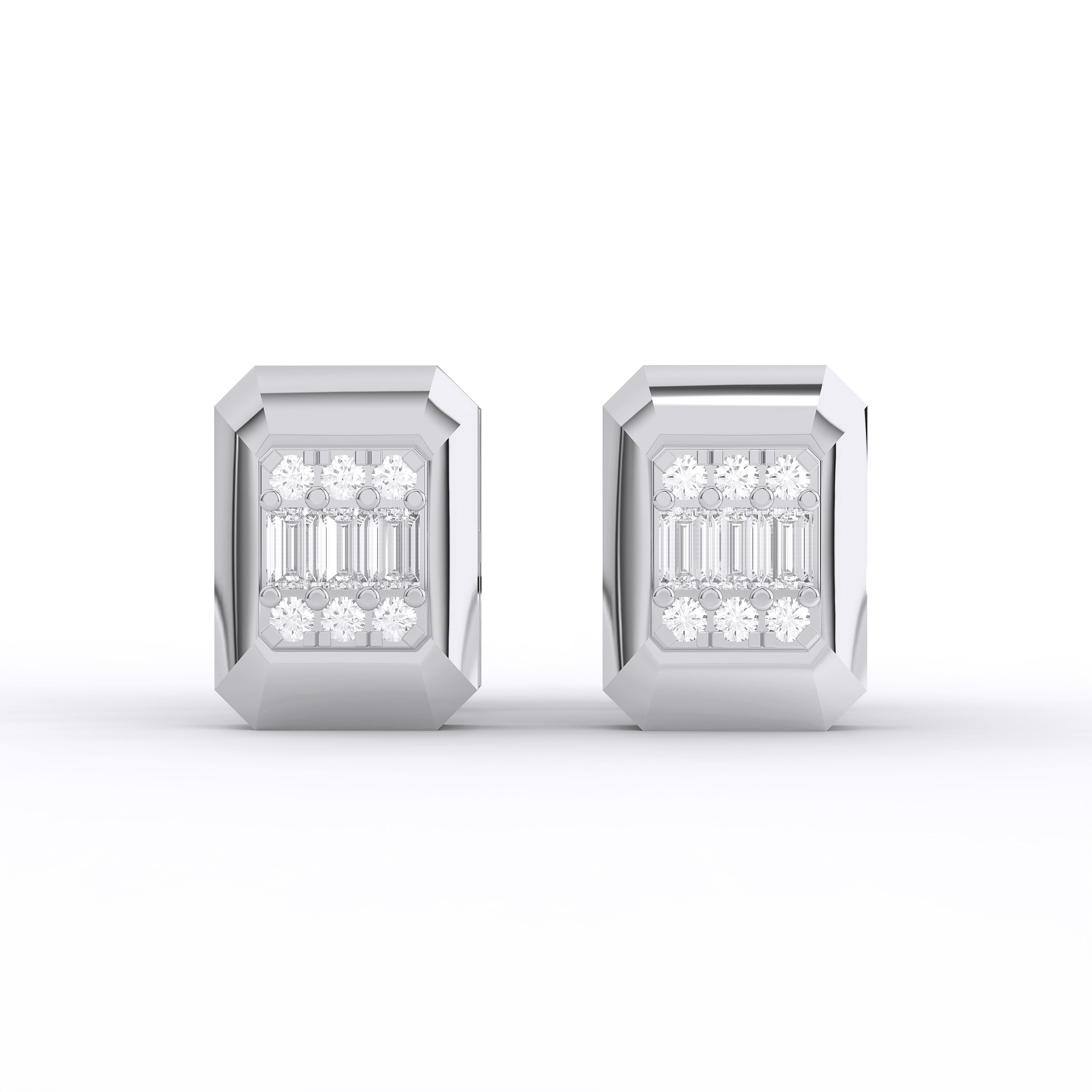 0.16 Ct Round & Baguette Cut Lab Grown Diamond Classic Rectangular Stud Earring Made in Solid Gold
