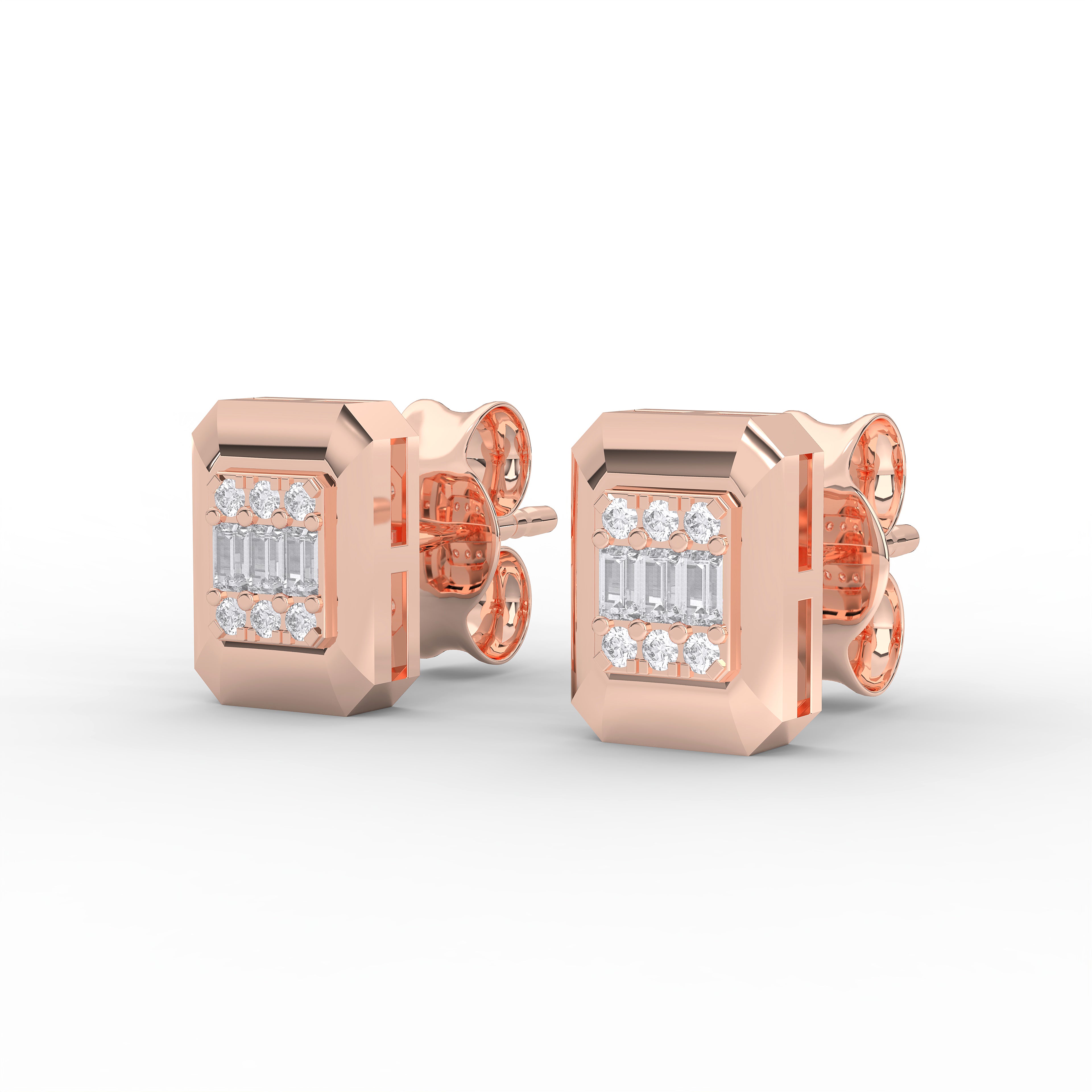 0.16 Ct Round & Baguette Cut Lab Grown Diamond Classic Rectangular Stud Earring Made in Solid Gold