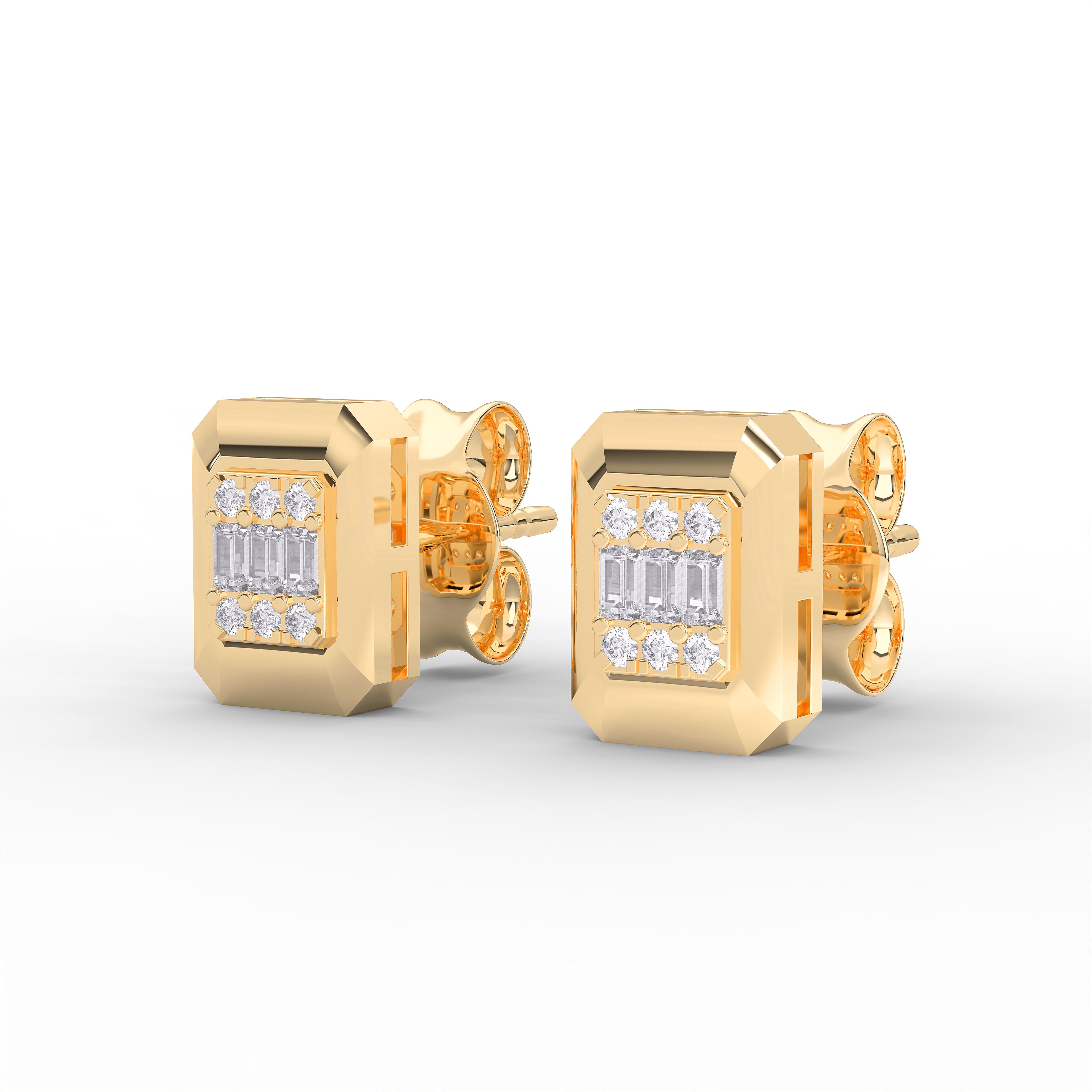 0.16 Ct Round & Baguette Cut Lab Grown Diamond Classic Rectangular Stud Earring Made in Solid Gold