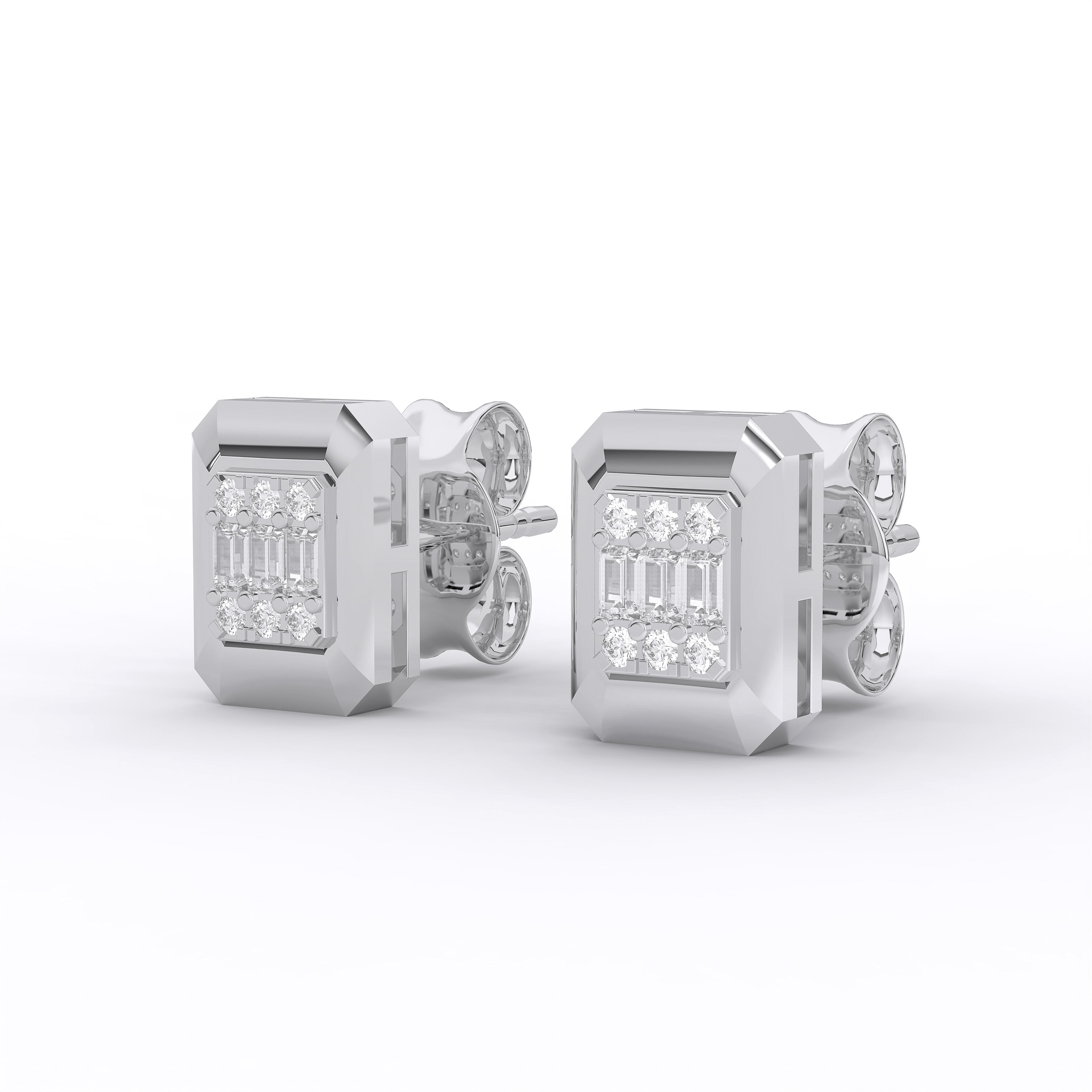0.16 Ct Round & Baguette Cut Lab Grown Diamond Classic Rectangular Stud Earring Made in Solid Gold