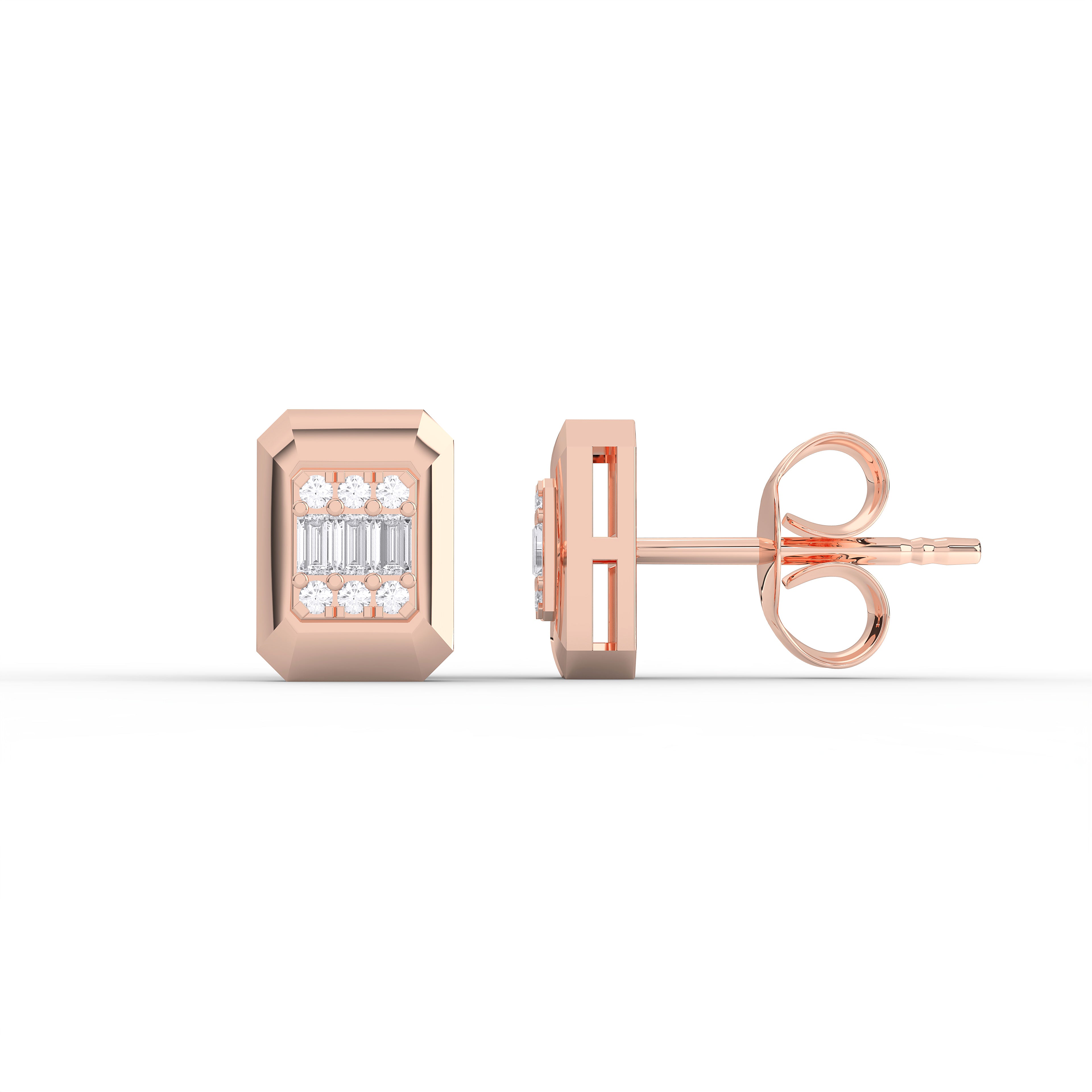 0.16 Ct Round & Baguette Cut Lab Grown Diamond Classic Rectangular Stud Earring Made in Solid Gold