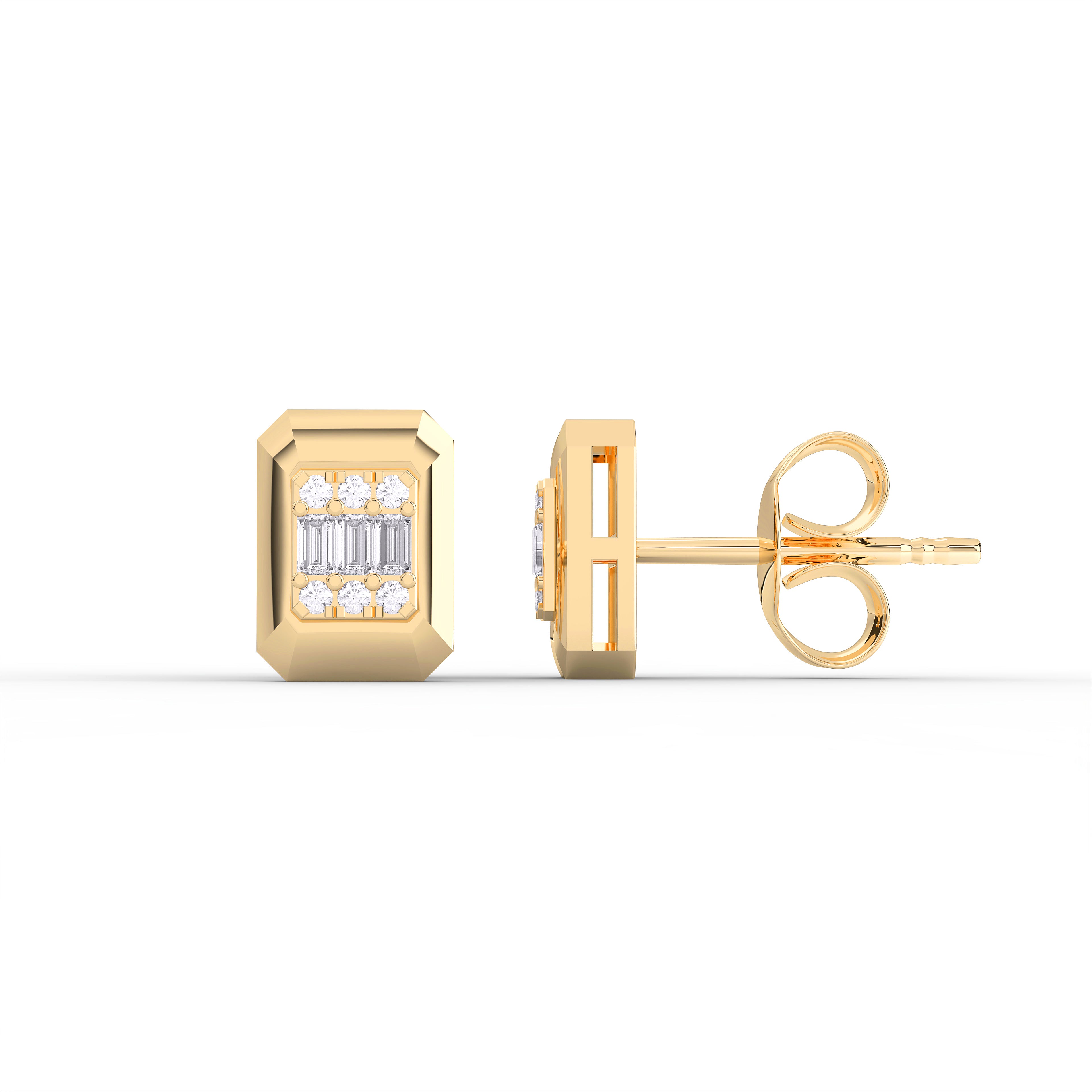 0.16 Ct Round & Baguette Cut Lab Grown Diamond Classic Rectangular Stud Earring Made in Solid Gold