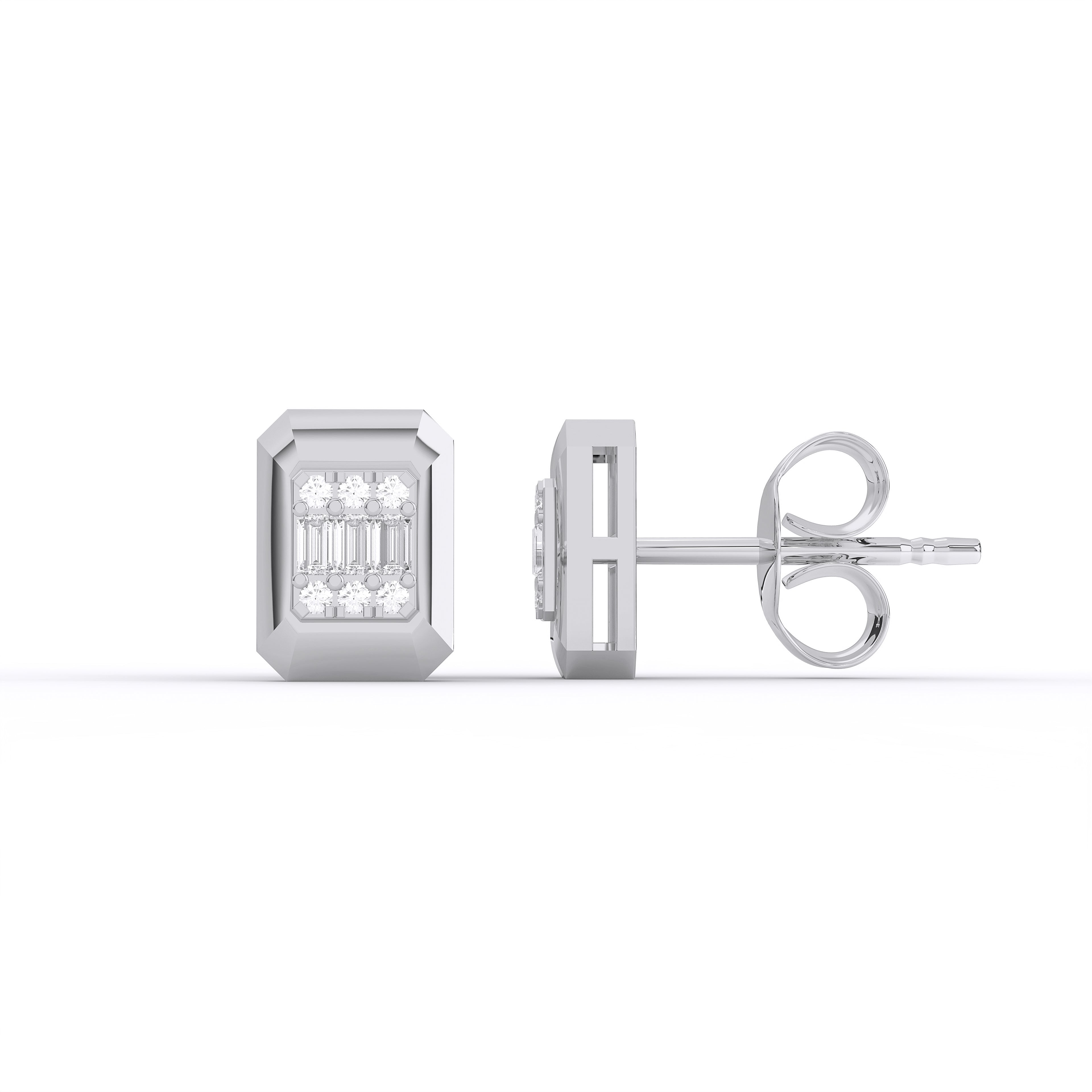 0.16 Ct Round & Baguette Cut Lab Grown Diamond Classic Rectangular Stud Earring Made in Solid Gold