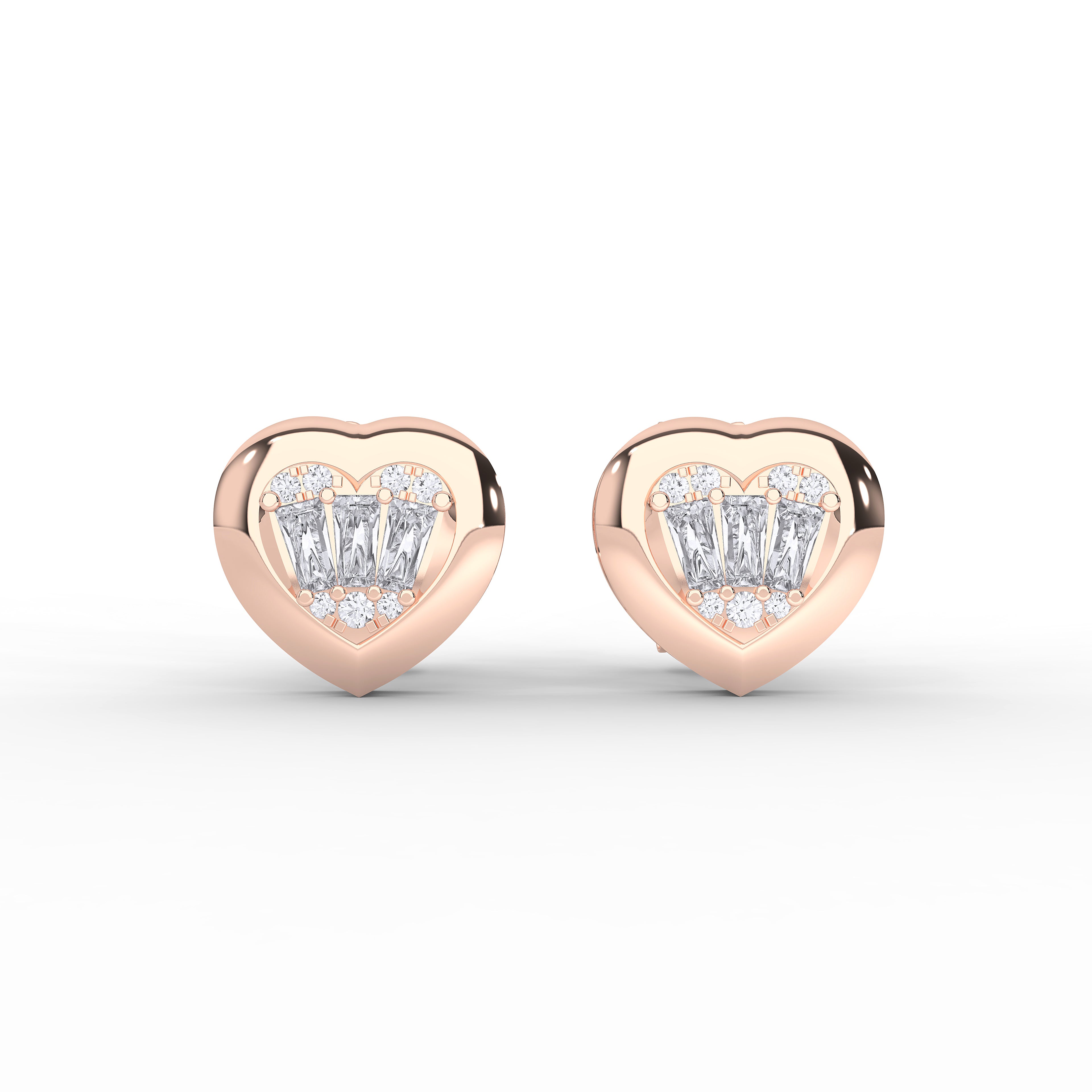 0.24 Carat Round & baguette Cut Diamond Heart Shape Stud Earring in Solid Gold