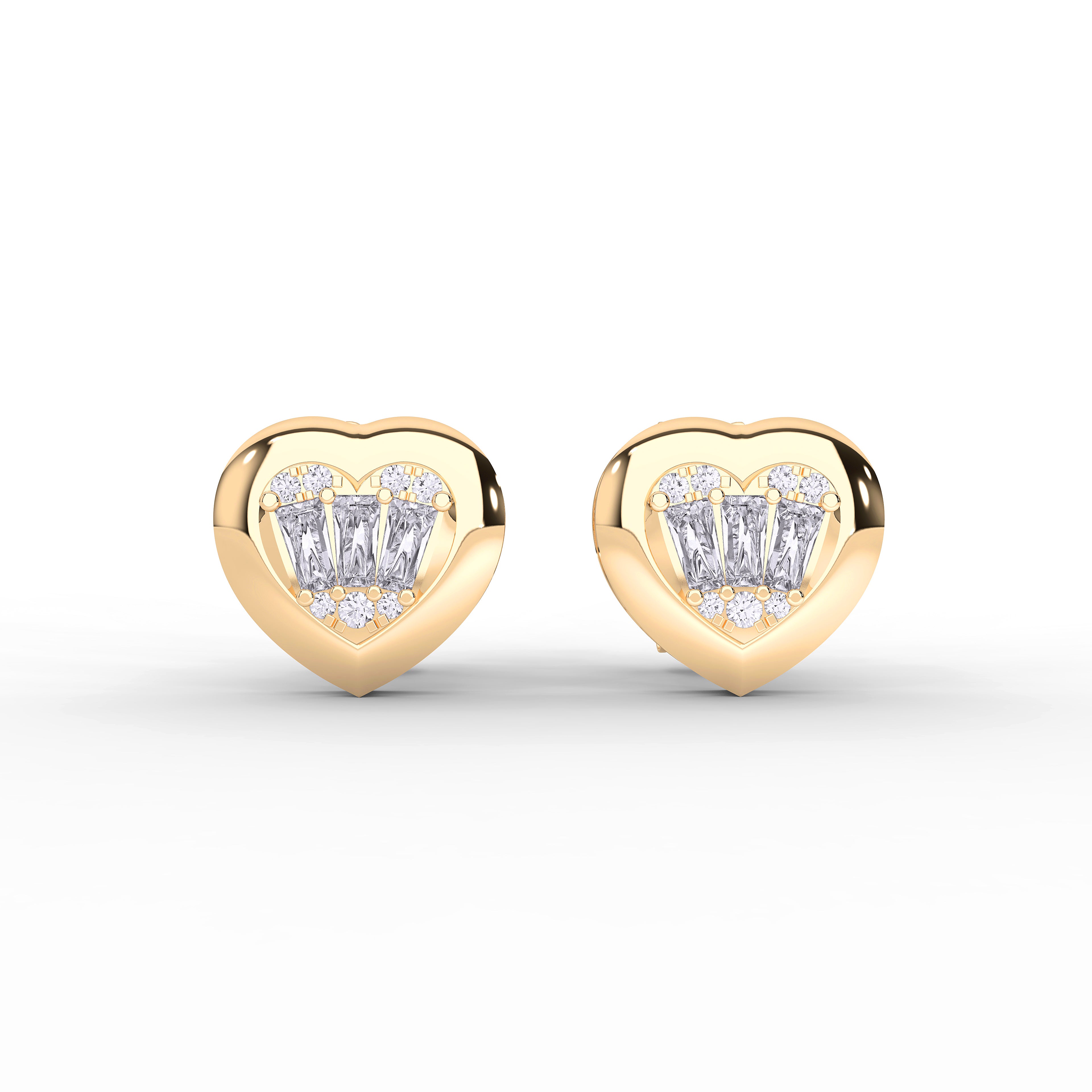 0.24 Carat Round & baguette Cut Diamond Heart Shape Stud Earring in Solid Gold