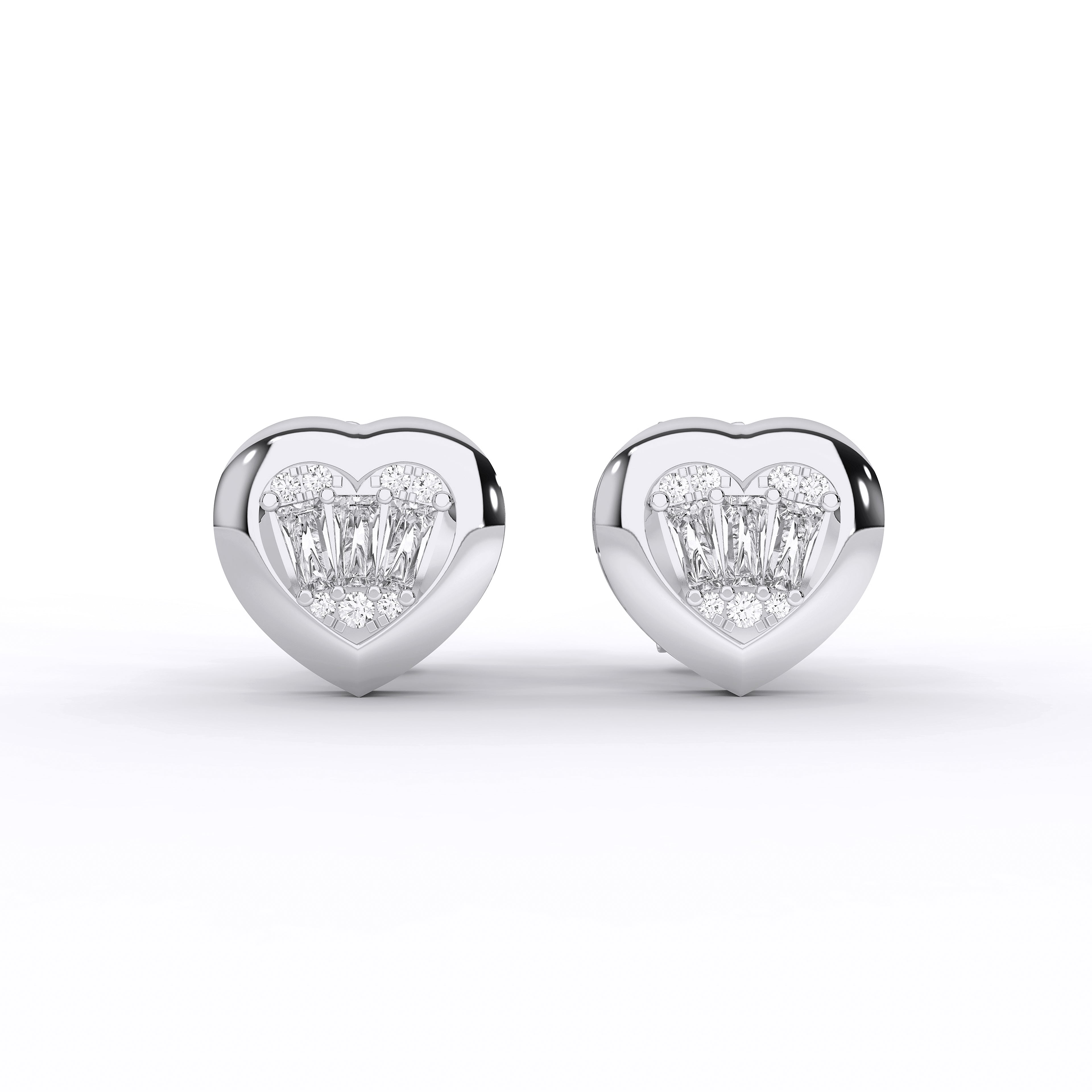 0.24 Carat Round & baguette Cut Diamond Heart Shape Stud Earring in Solid Gold