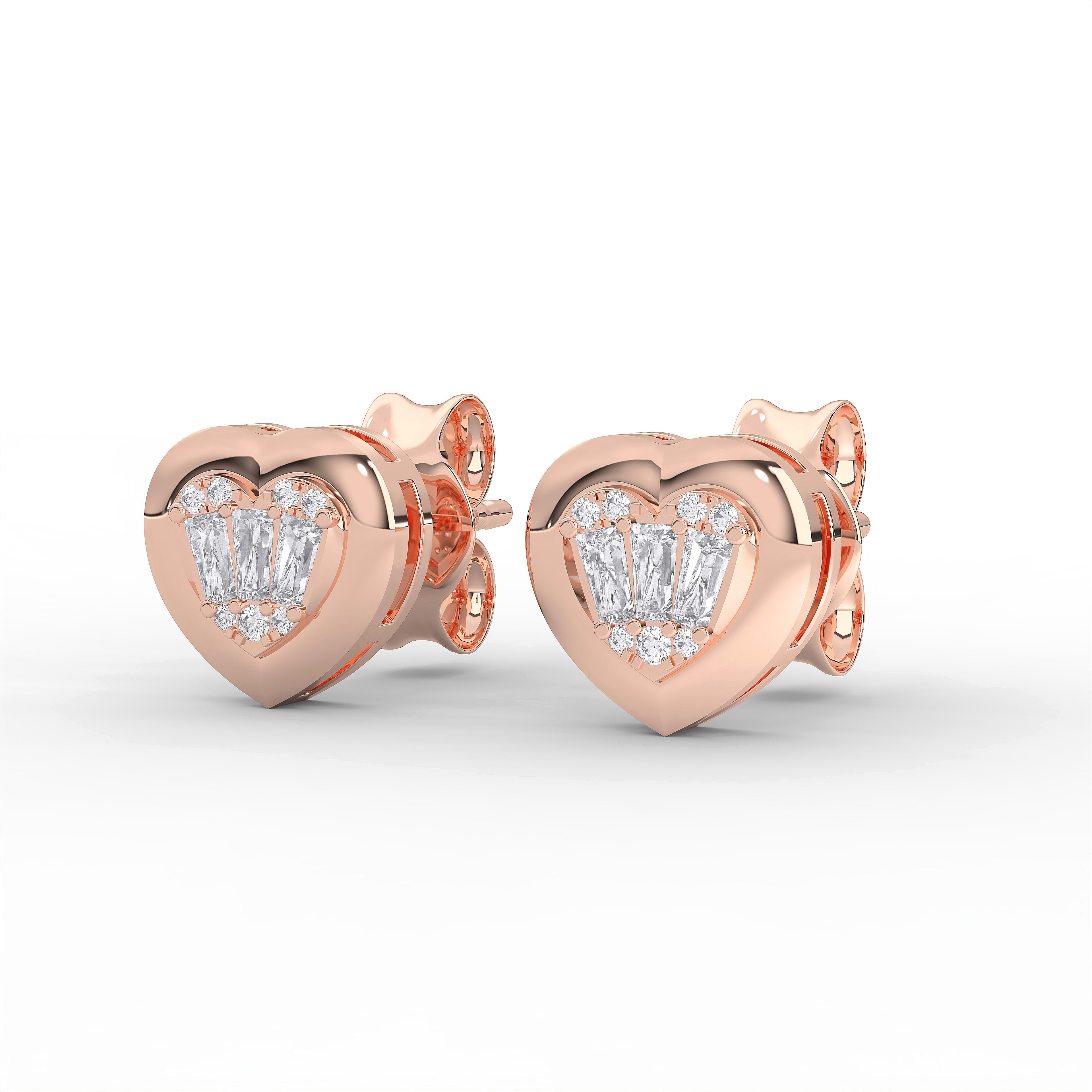 0.24 Carat Round & baguette Cut Diamond Heart Shape Stud Earring in Solid Gold