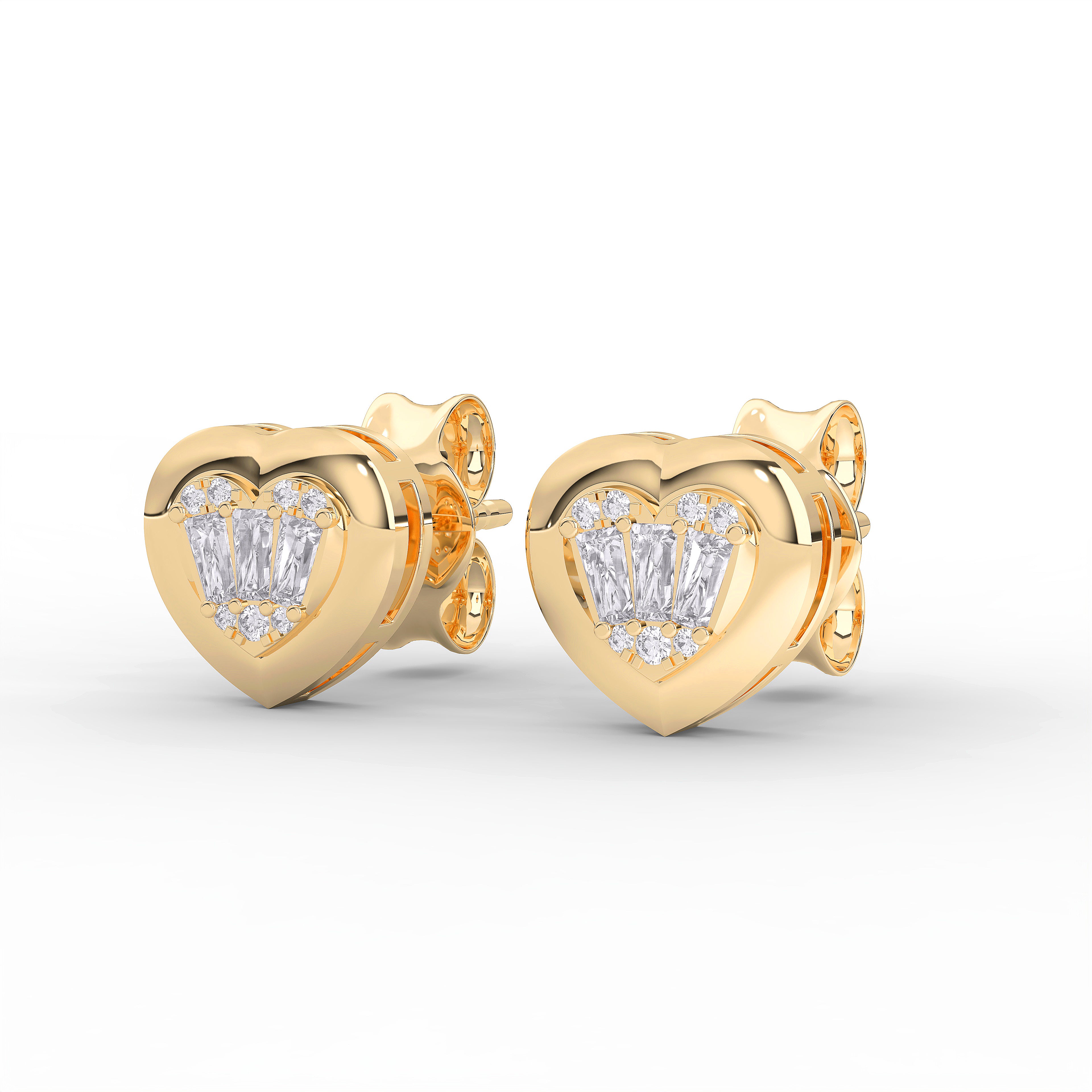 0.24 Carat Round & baguette Cut Diamond Heart Shape Stud Earring in Solid Gold