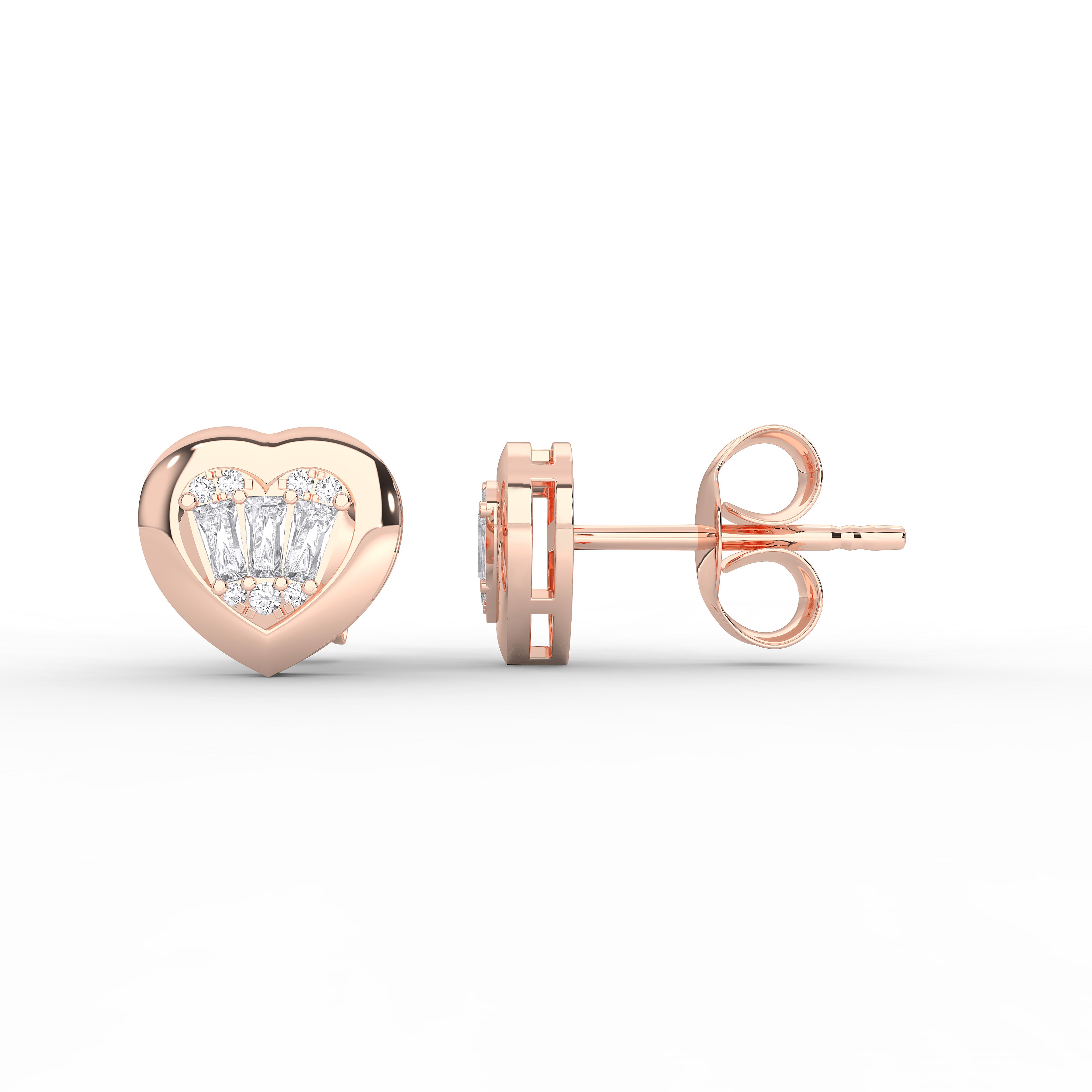 0.24 Carat Round & baguette Cut Diamond Heart Shape Stud Earring in Solid Gold