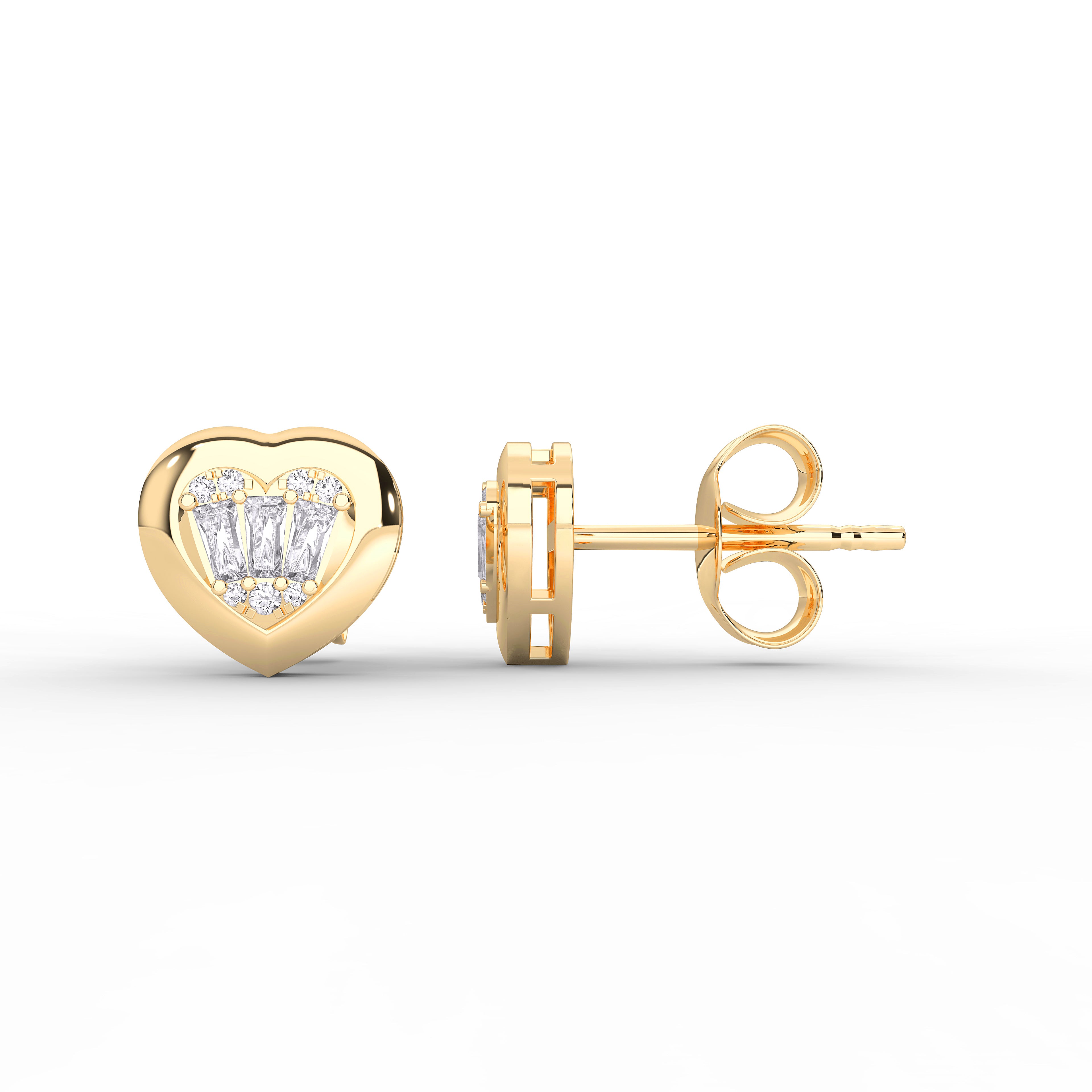 0.24 Carat Round & baguette Cut Diamond Heart Shape Stud Earring in Solid Gold