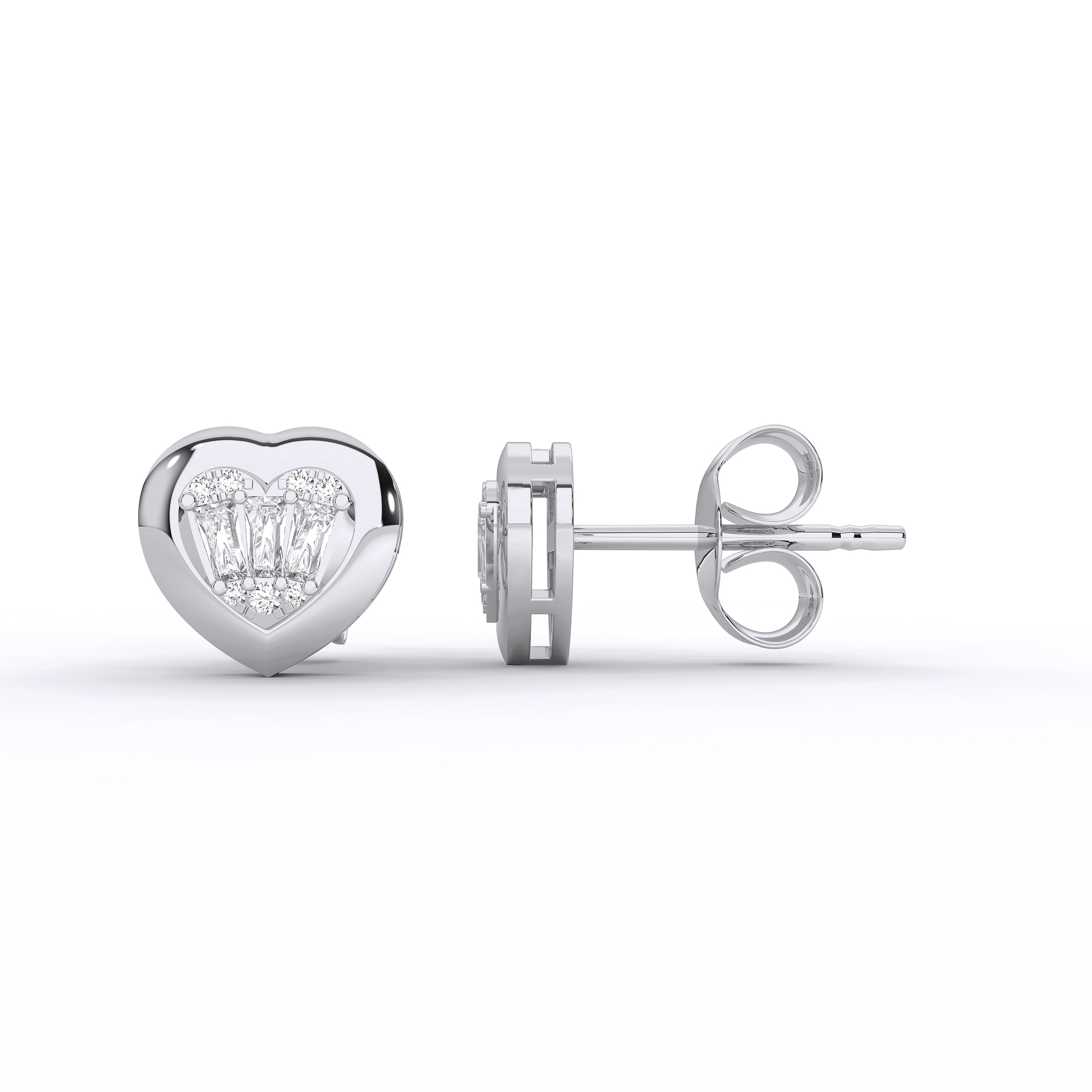 0.24 Carat Round & baguette Cut Diamond Heart Shape Stud Earring in Solid Gold