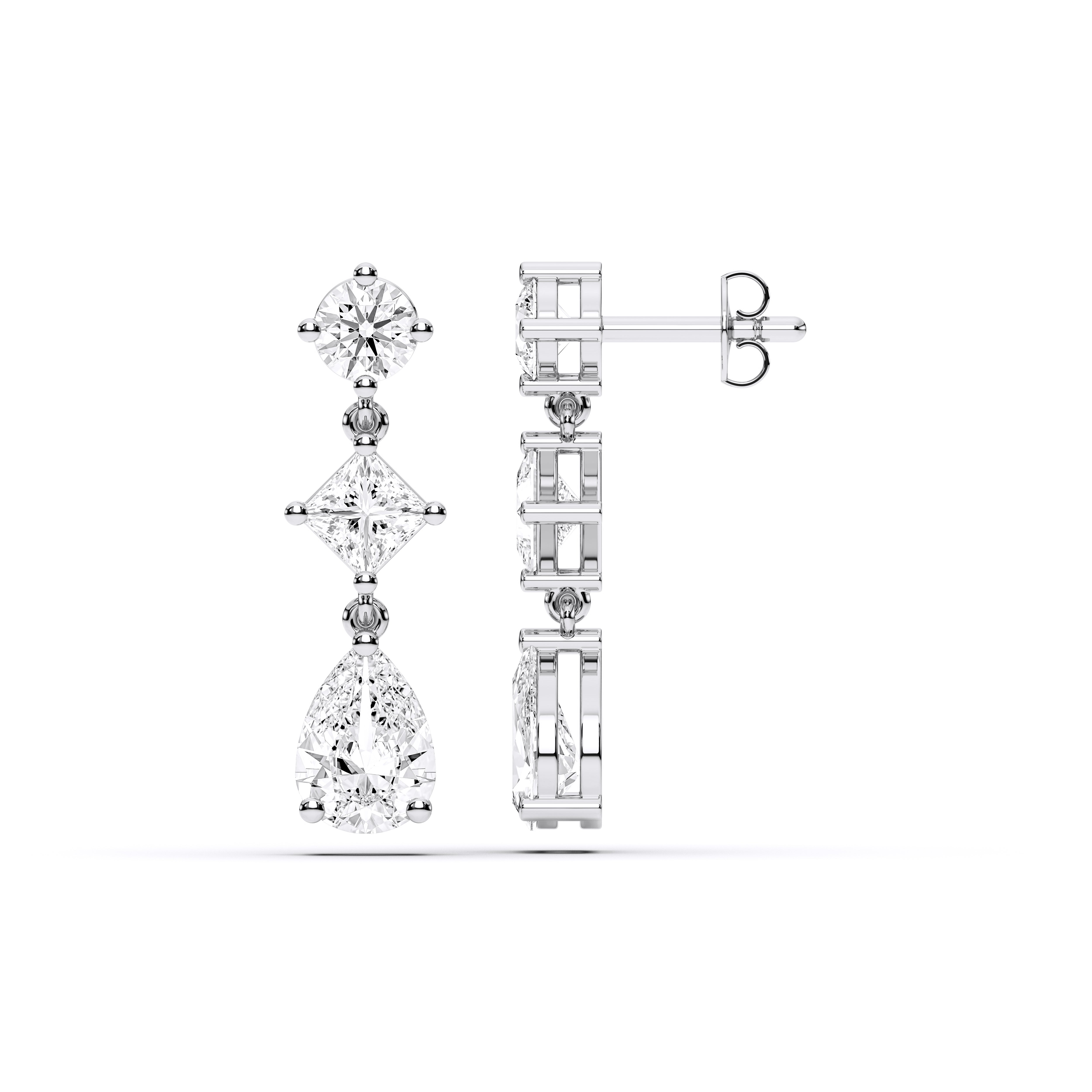 Pear, Round & Princess Cut Diamond Drop Earrings For Her in Solid Gold
