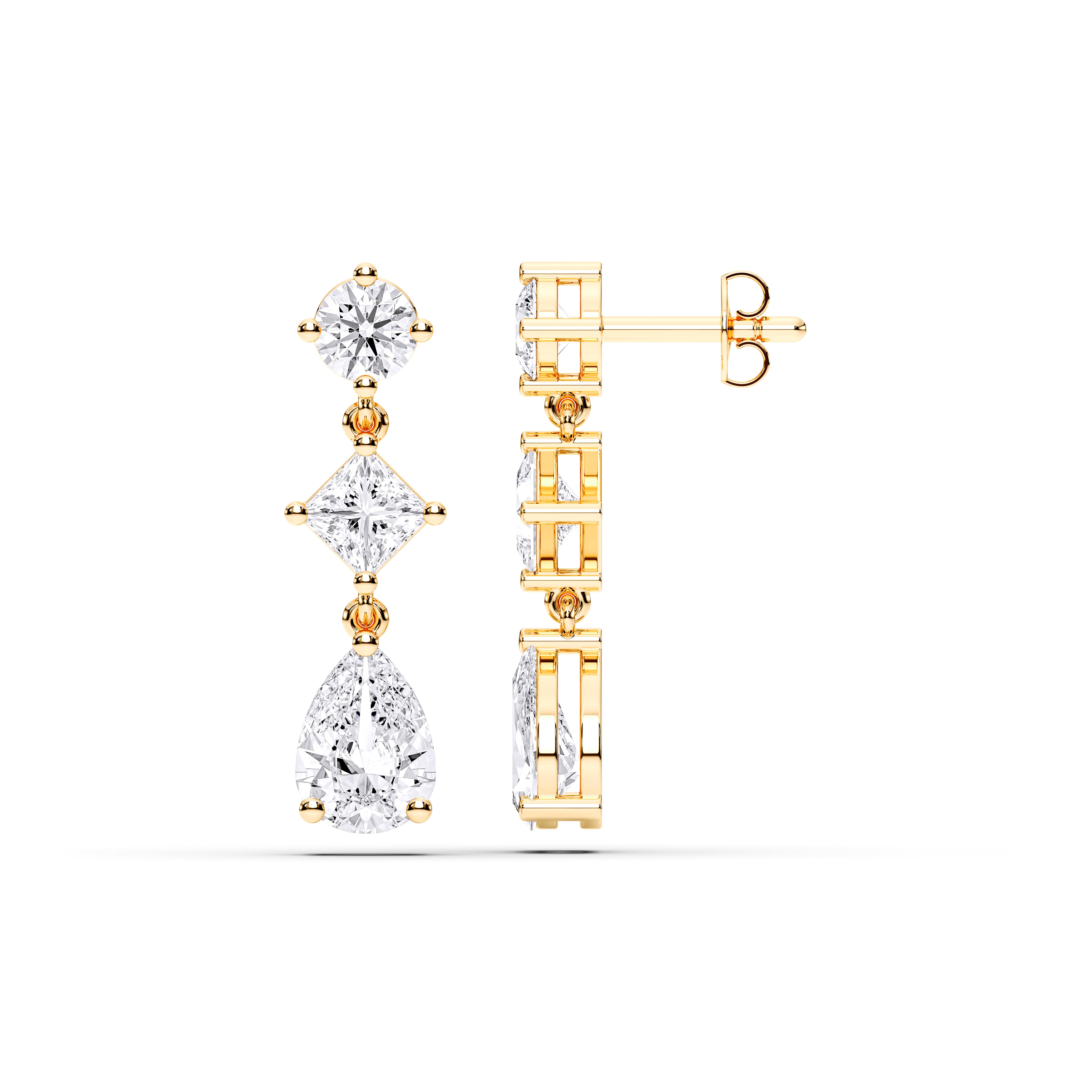 Pear, Round & Princess Cut Diamond Drop Earrings For Her in Solid Gold