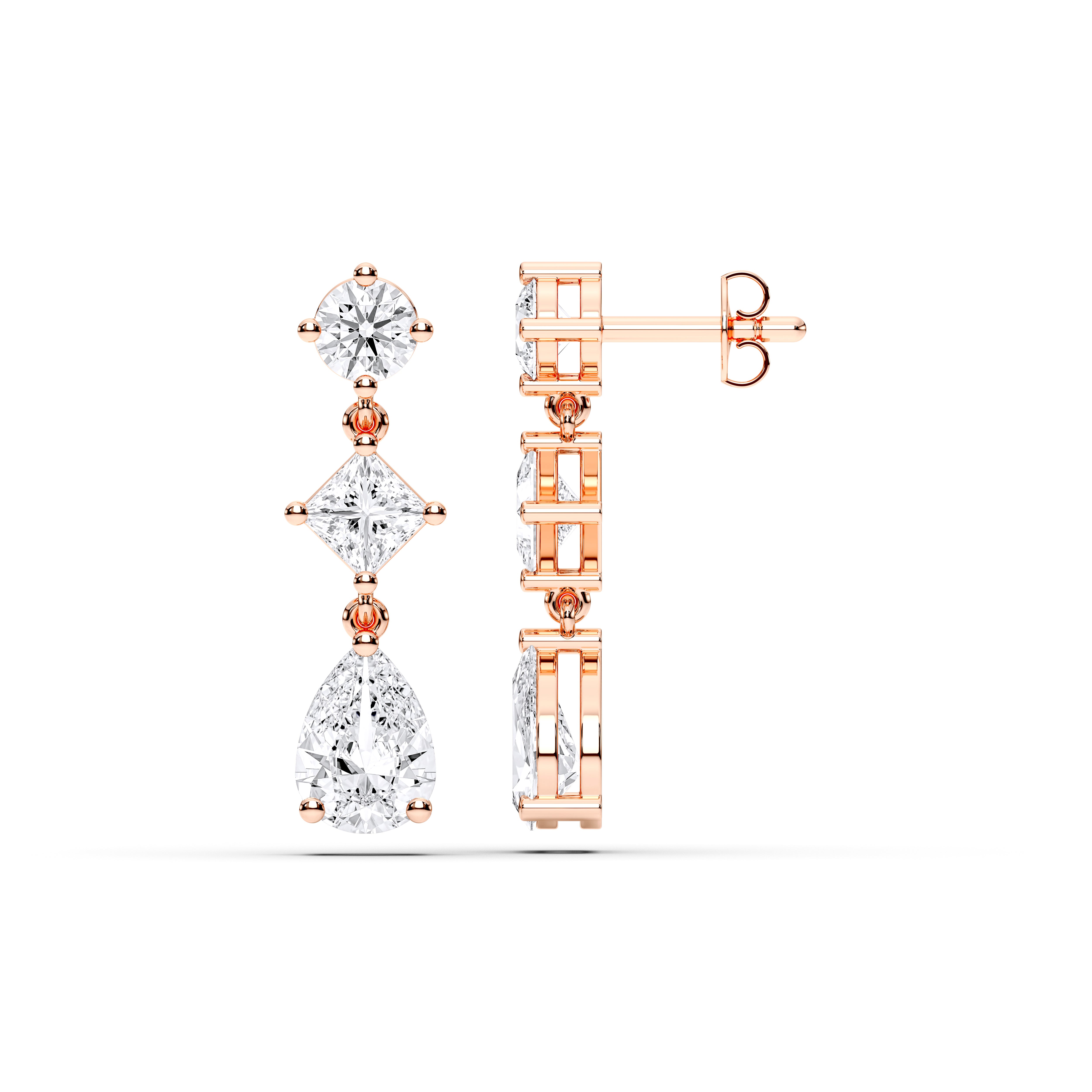 Pear, Round & Princess Cut Diamond Drop Earrings For Her in Solid Gold