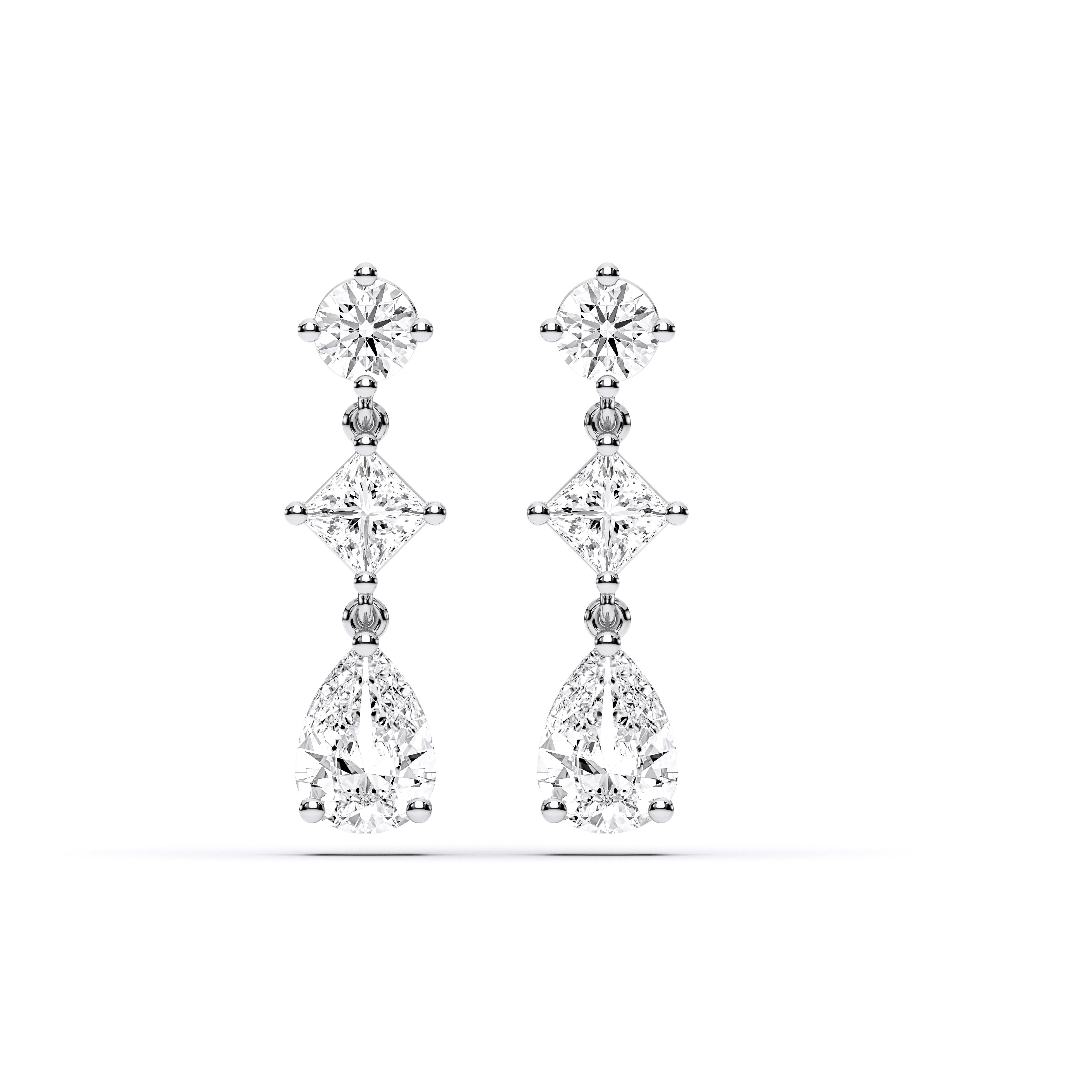 Pear, Round & Princess Cut Diamond Drop Earrings For Her in Solid Gold