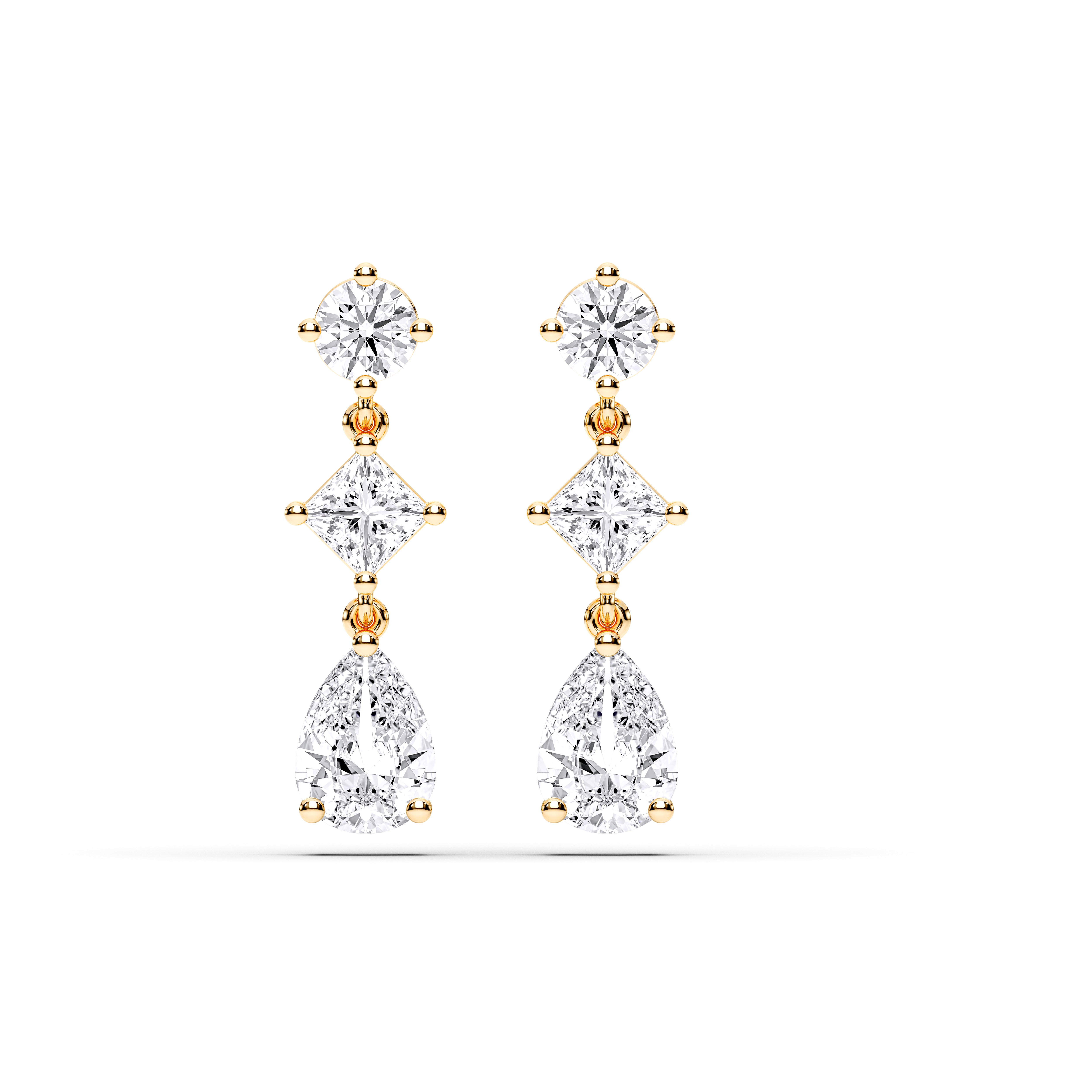 Pear, Round & Princess Cut Diamond Drop Earrings For Her in Solid Gold