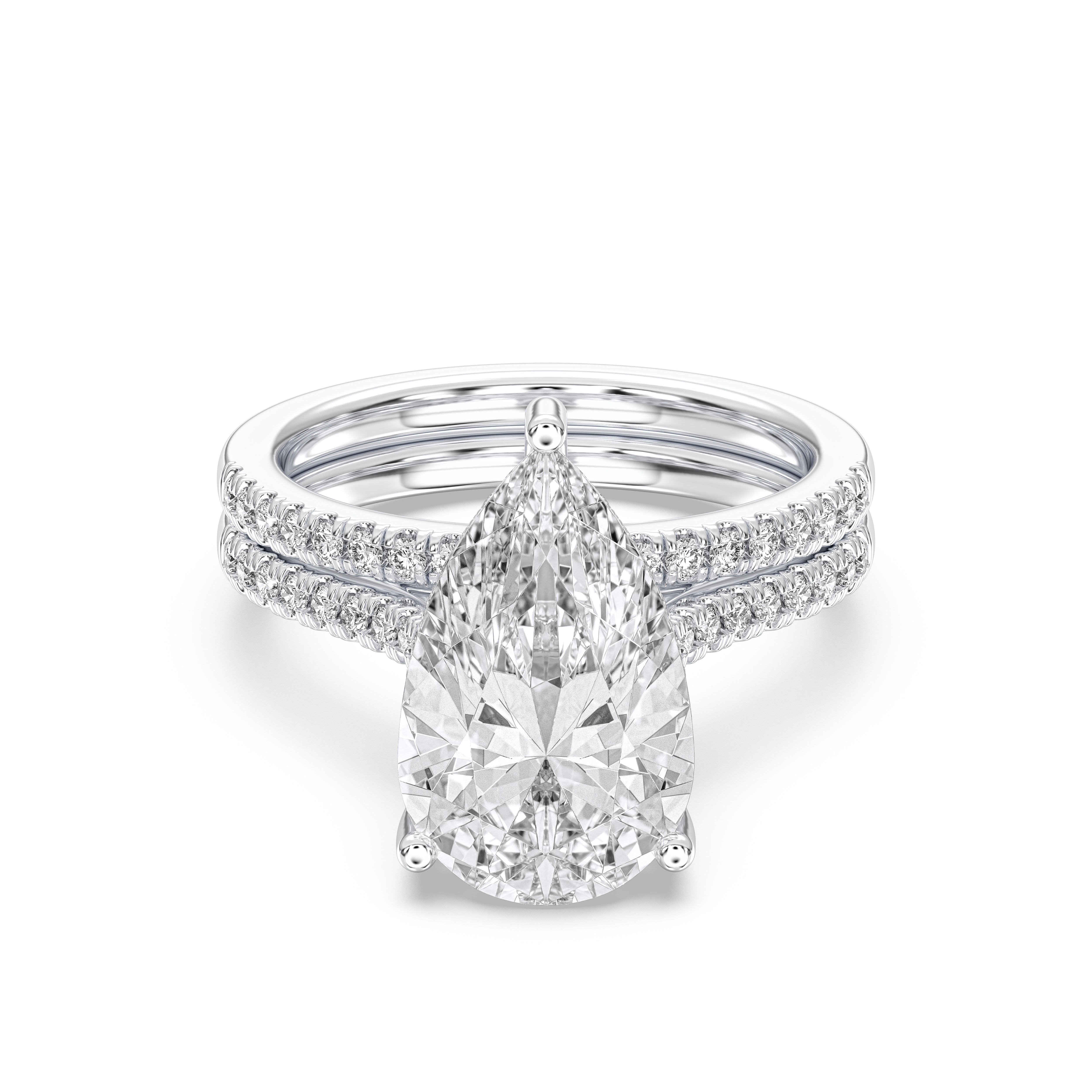 Pear & Round Cut 6.70 Carat Lab Grown Diamond Solitaire Engagement ring with matching wedding band in Solid Gold