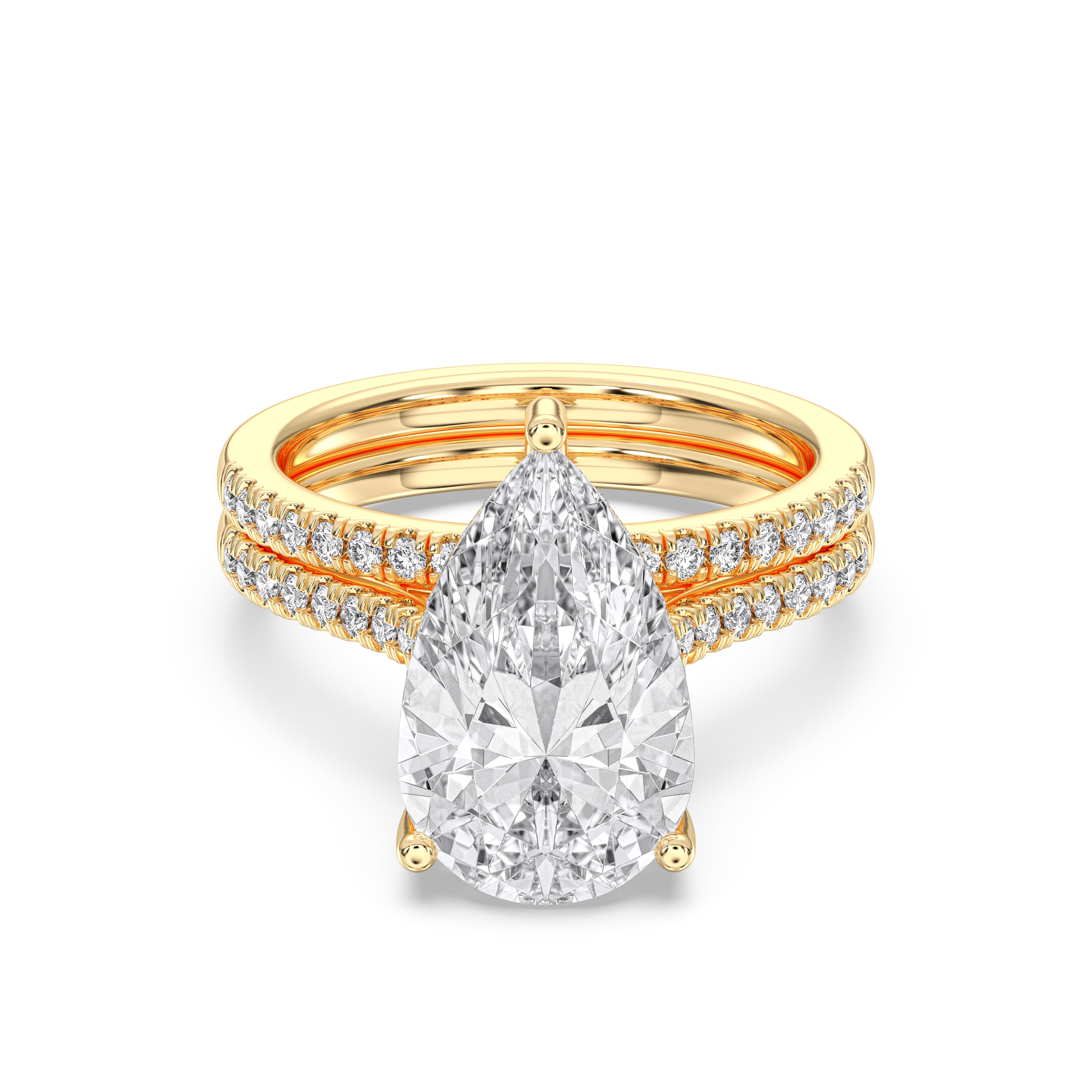 Pear & Round Cut 6.70 Carat Lab Grown Diamond Solitaire Engagement ring with matching wedding band in Solid Gold