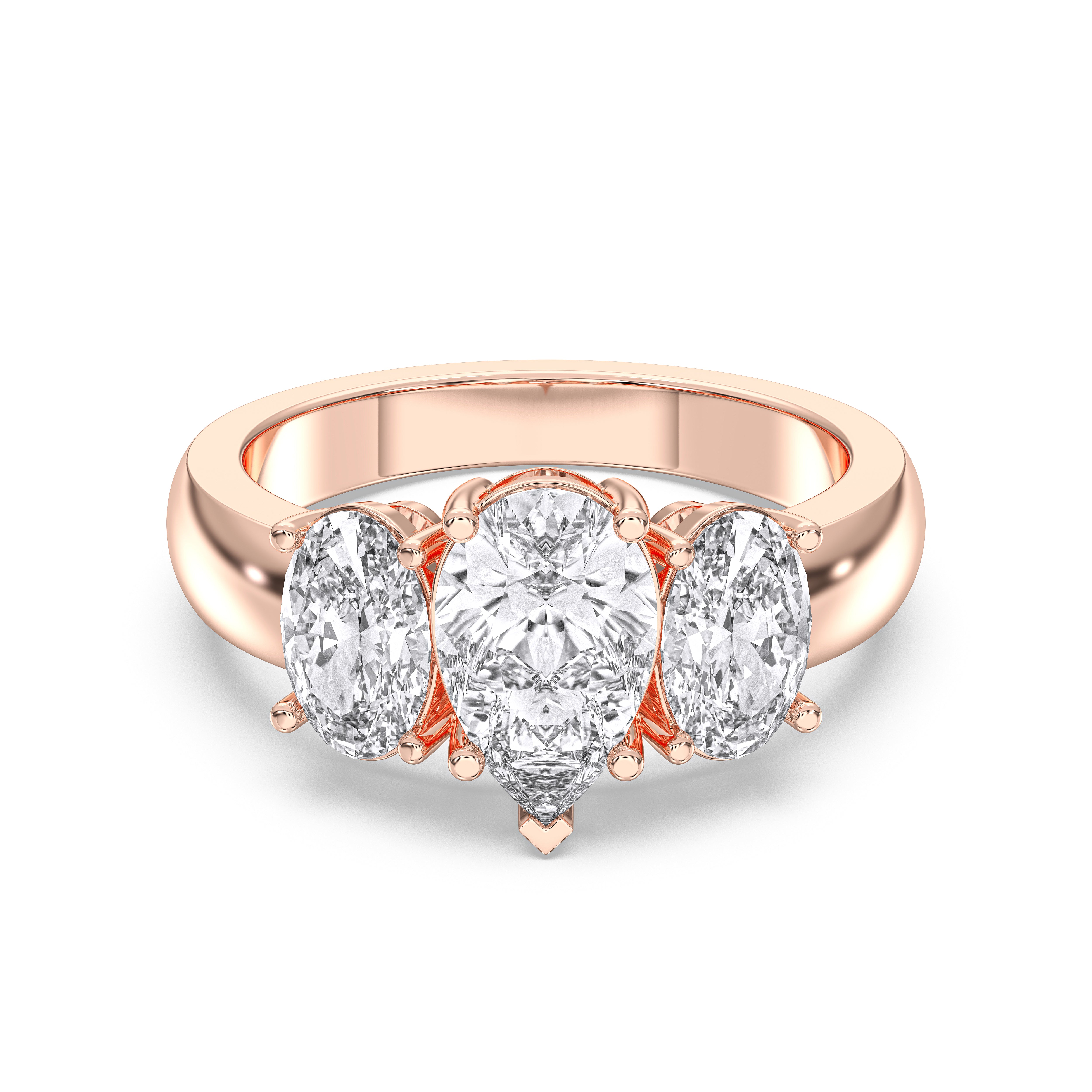 Pear & Oval Shape 3.00 Carat Lab Grown Diamond 3 Stone Ring in Solid Gold