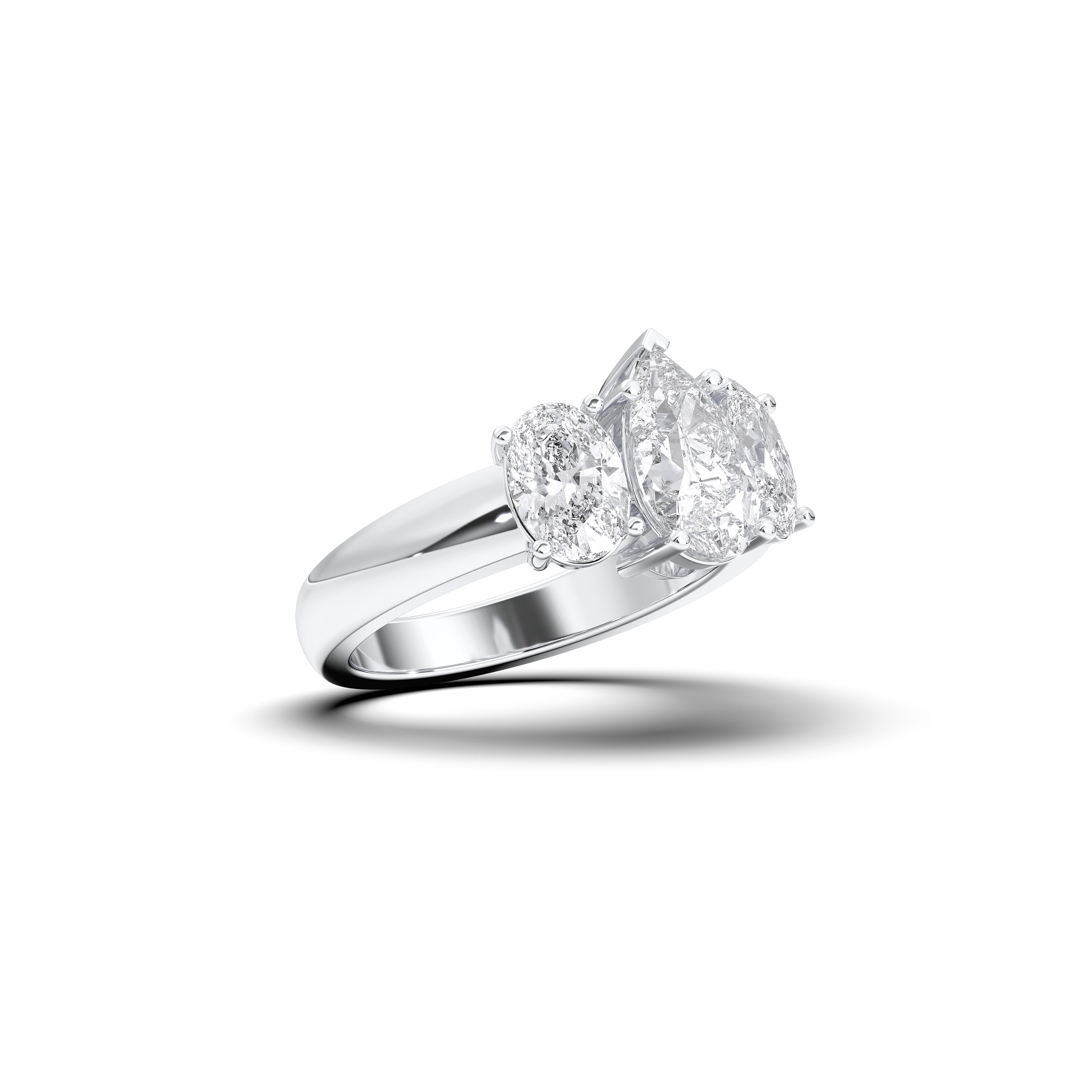 Oval & Pear Cut 3 Carat Lab Grown Three Stone Engagement Ring in Solid Gold For Her