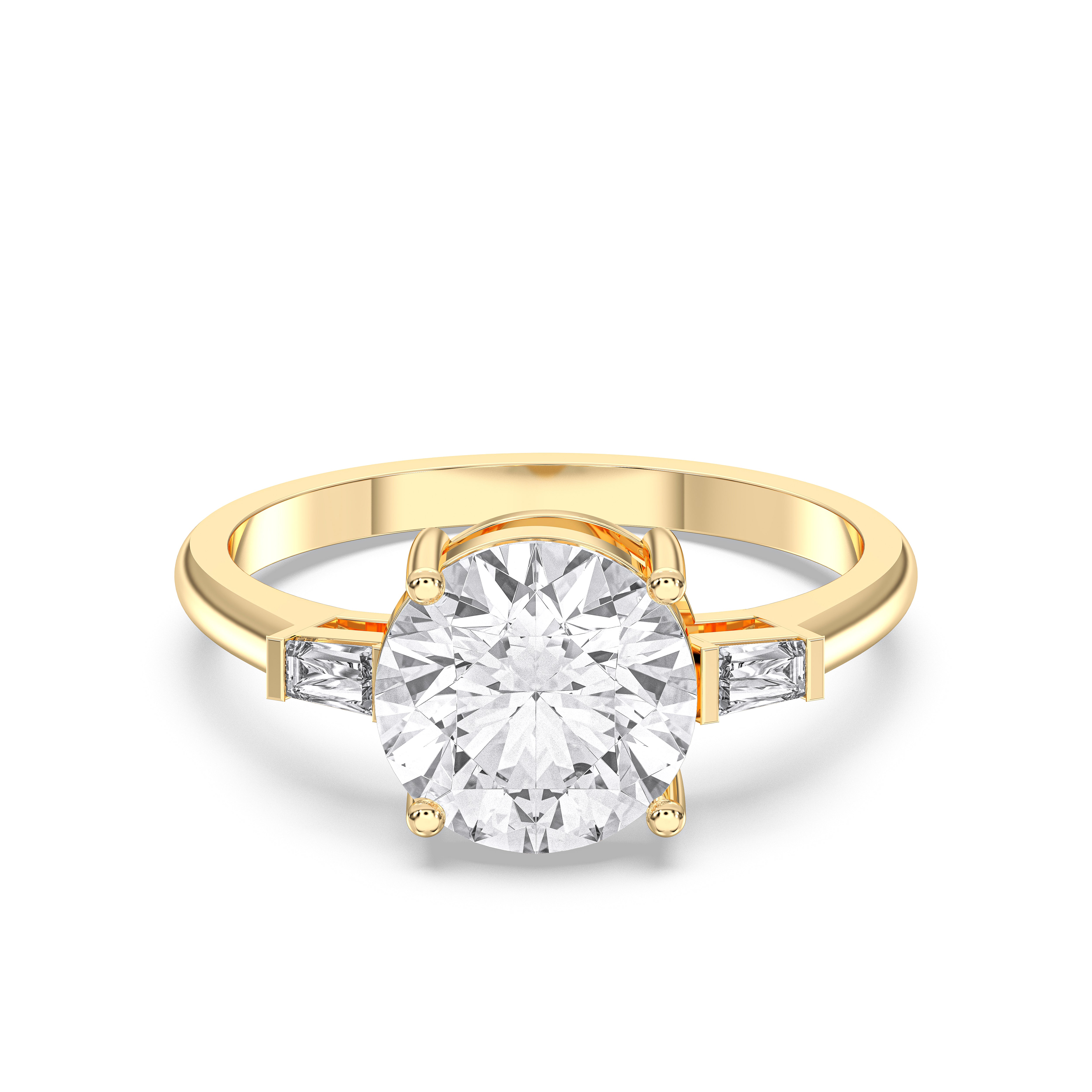 2.70 Carat Round & Baguette Cut Lab Grown Diamond 3 Stone Engagement Ring in Solid Gold