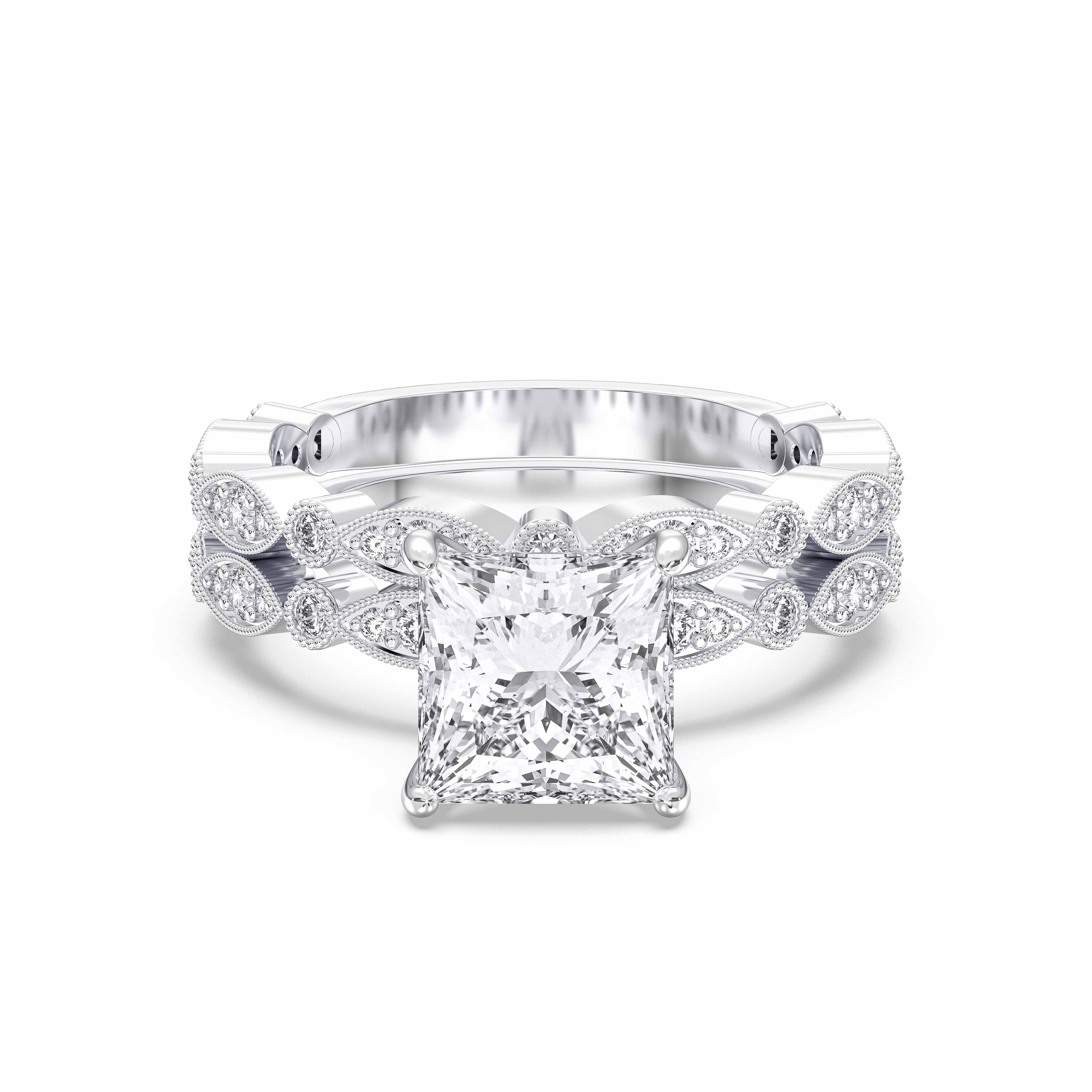 3.63 Carat Princess & Round Cut Lab Grown Diamond Solitaire Engagement With Matching Wedding Band in Solid Gold