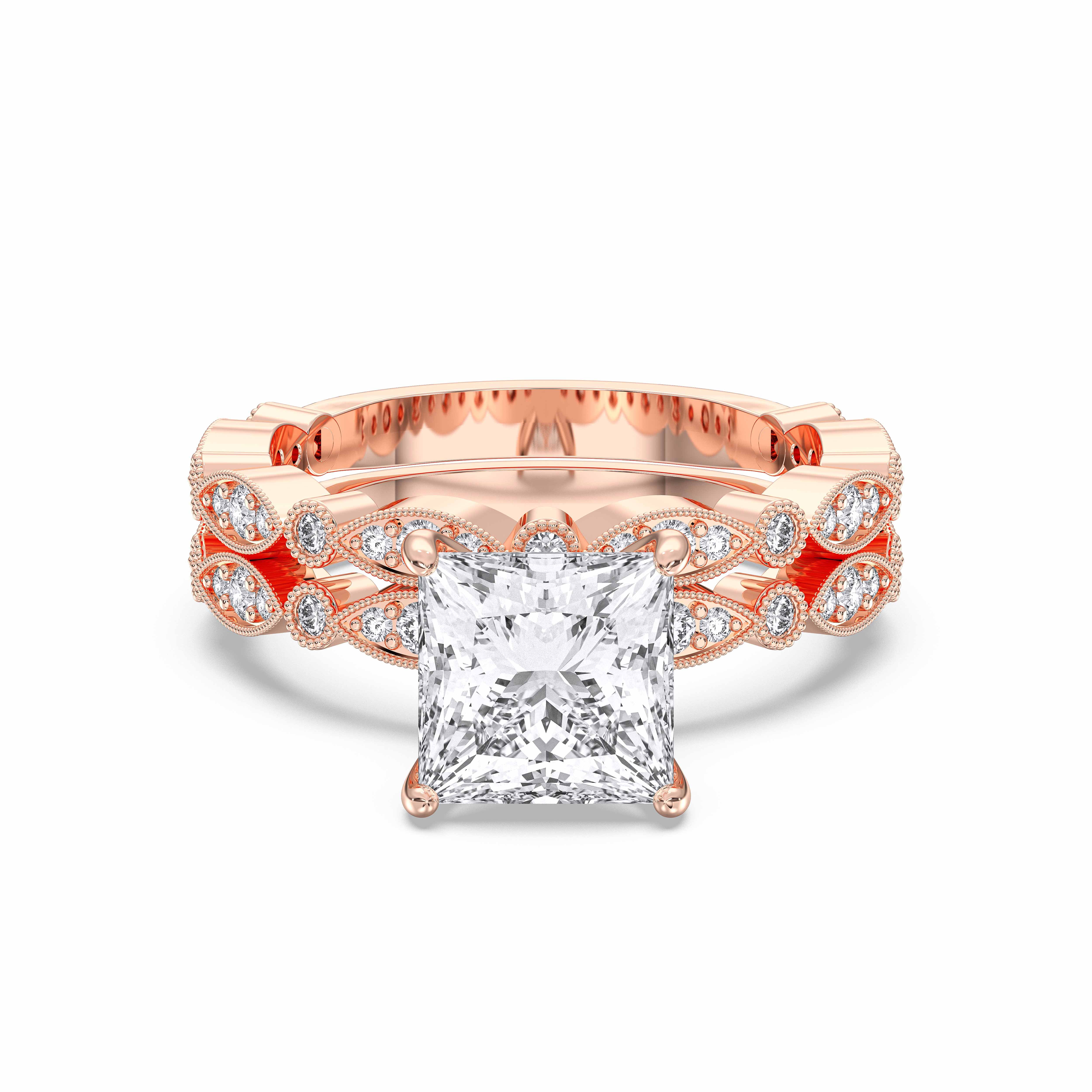 3.63 Carat Princess & Round Cut Lab Grown Diamond Solitaire Engagement With Matching Wedding Band in Solid Gold