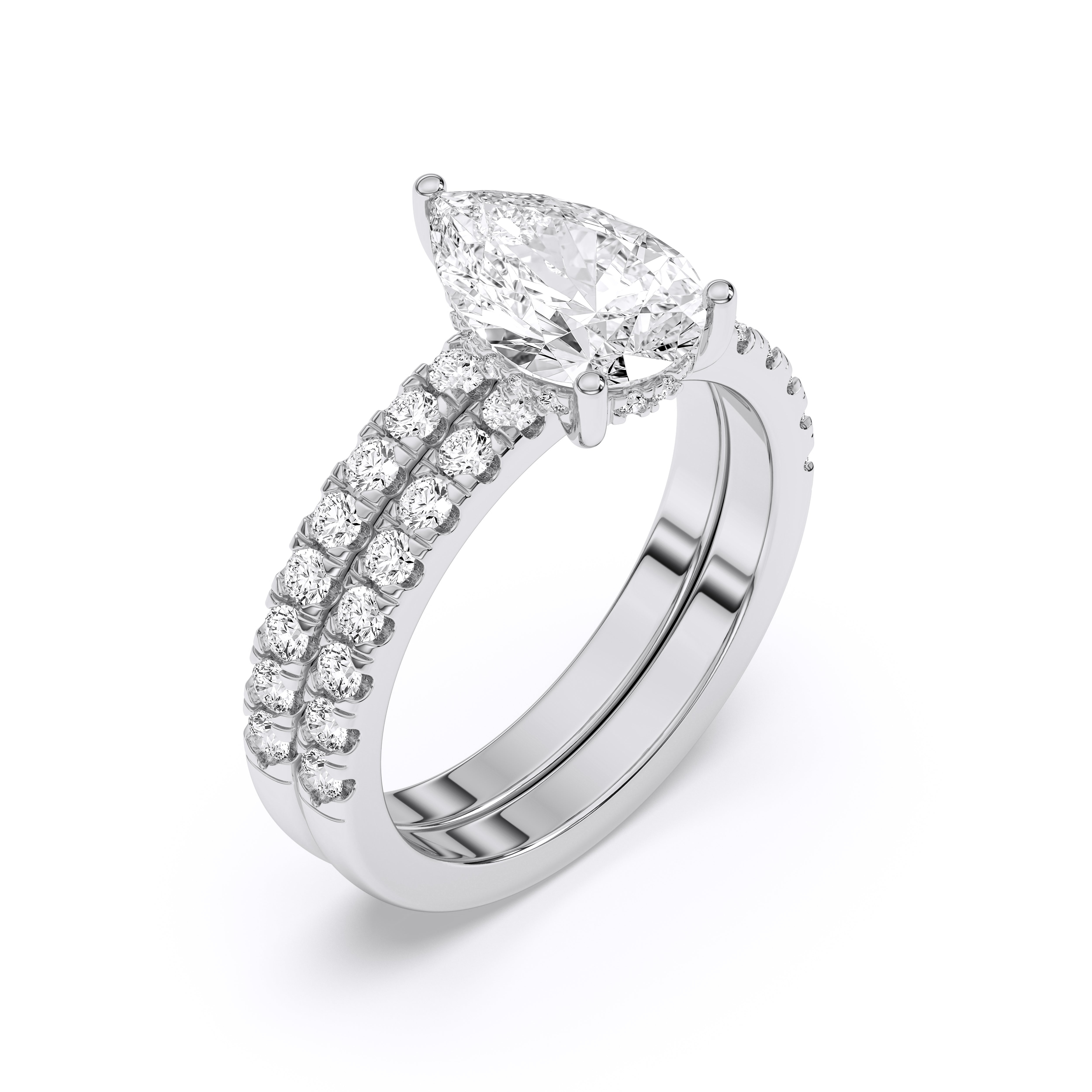 2.75 Carat Pear & Round Cut Lab Grown Diamond Solitaire Engagement Ring With Matching Wedding Band in Solid Gold
