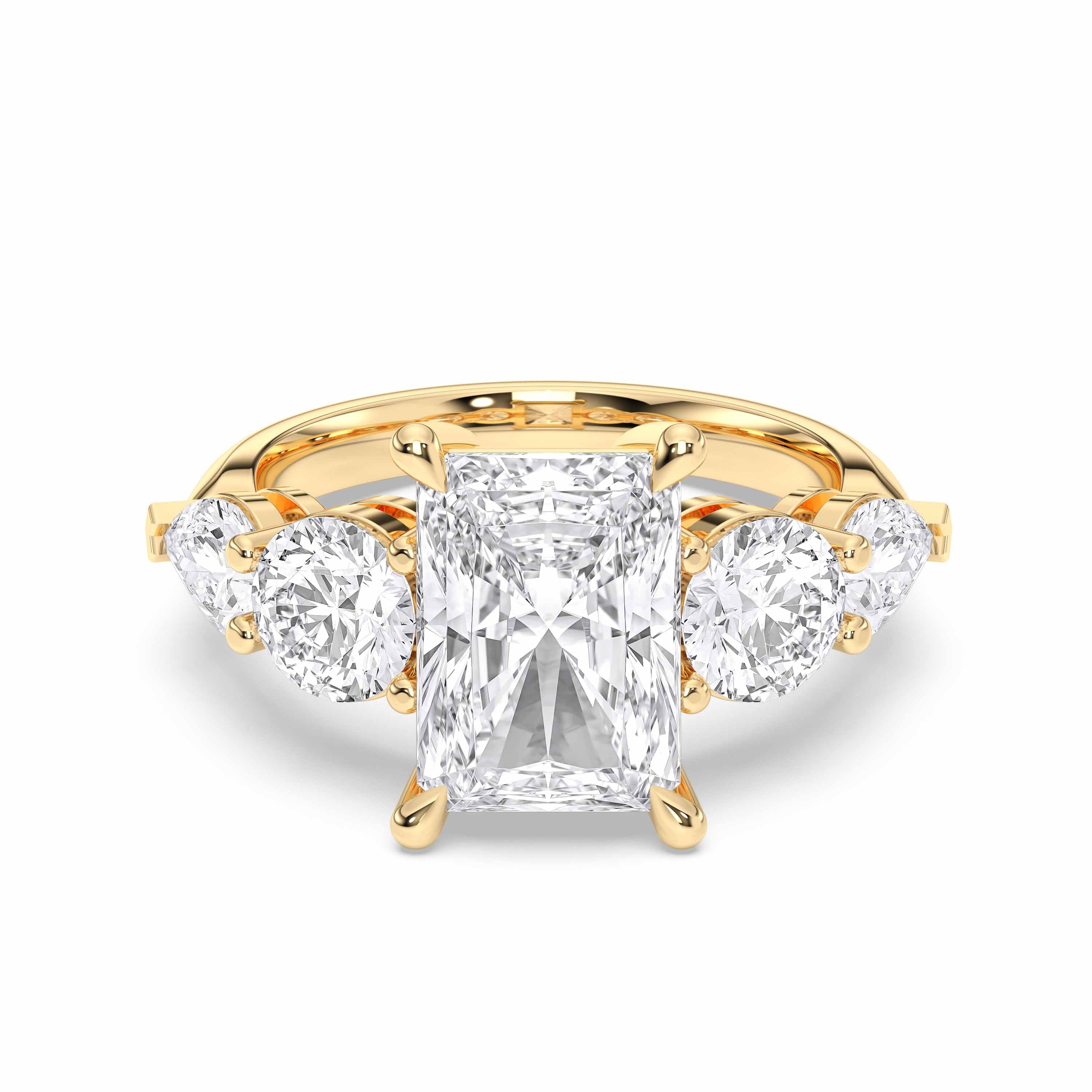 Radiant, Pear & Round Cut 5.10 Carat Lab Grown Diamond 5 Stone Ring in Solid Gold