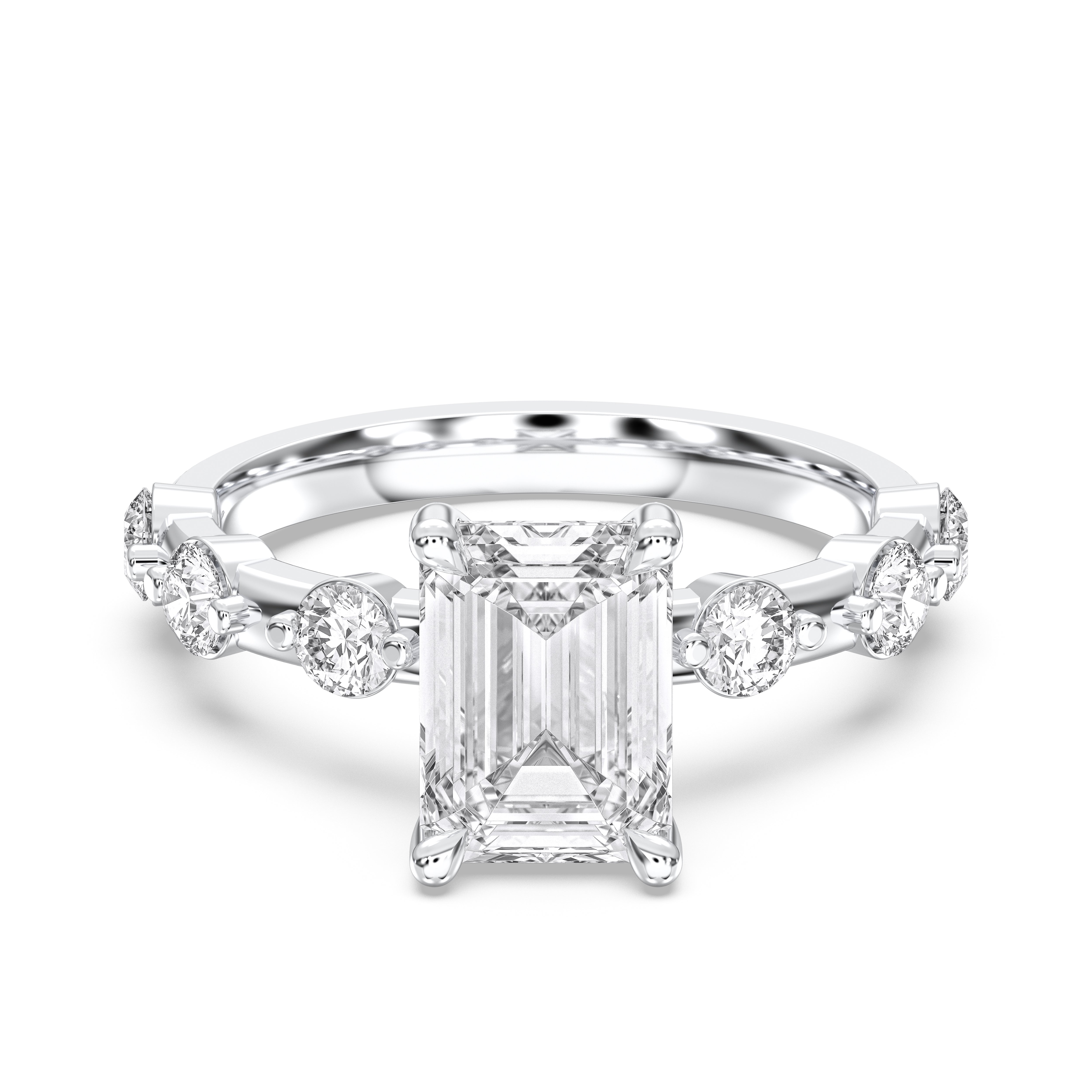 Emerald & Round Cut 2.80 Carat Lab Grown Diamond 7 Stone Ring in Solid Gold
