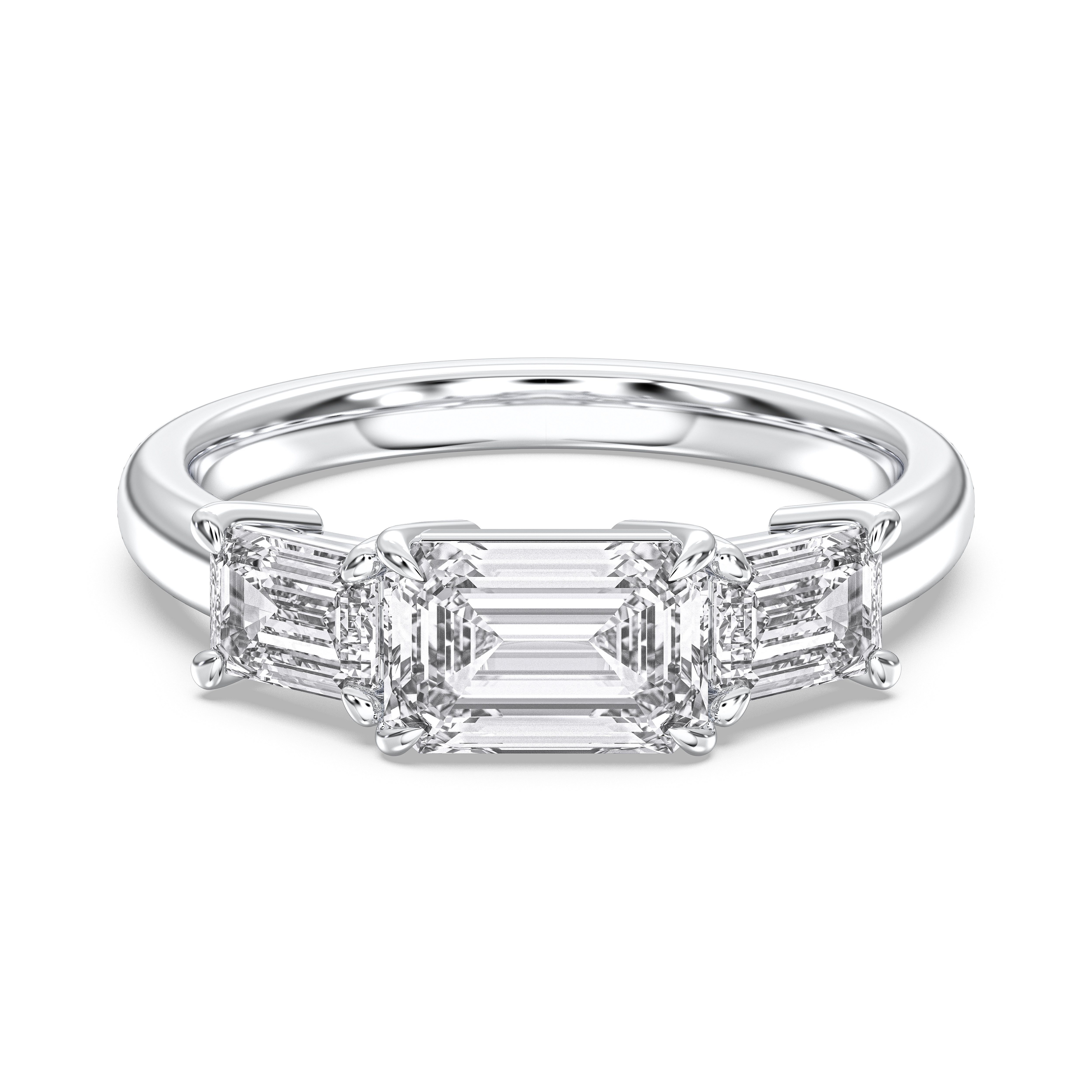 2.50 Carat Emerald Shape Lab Grown Diamond 3 Stone Engagement Ring Made in Solid Gold