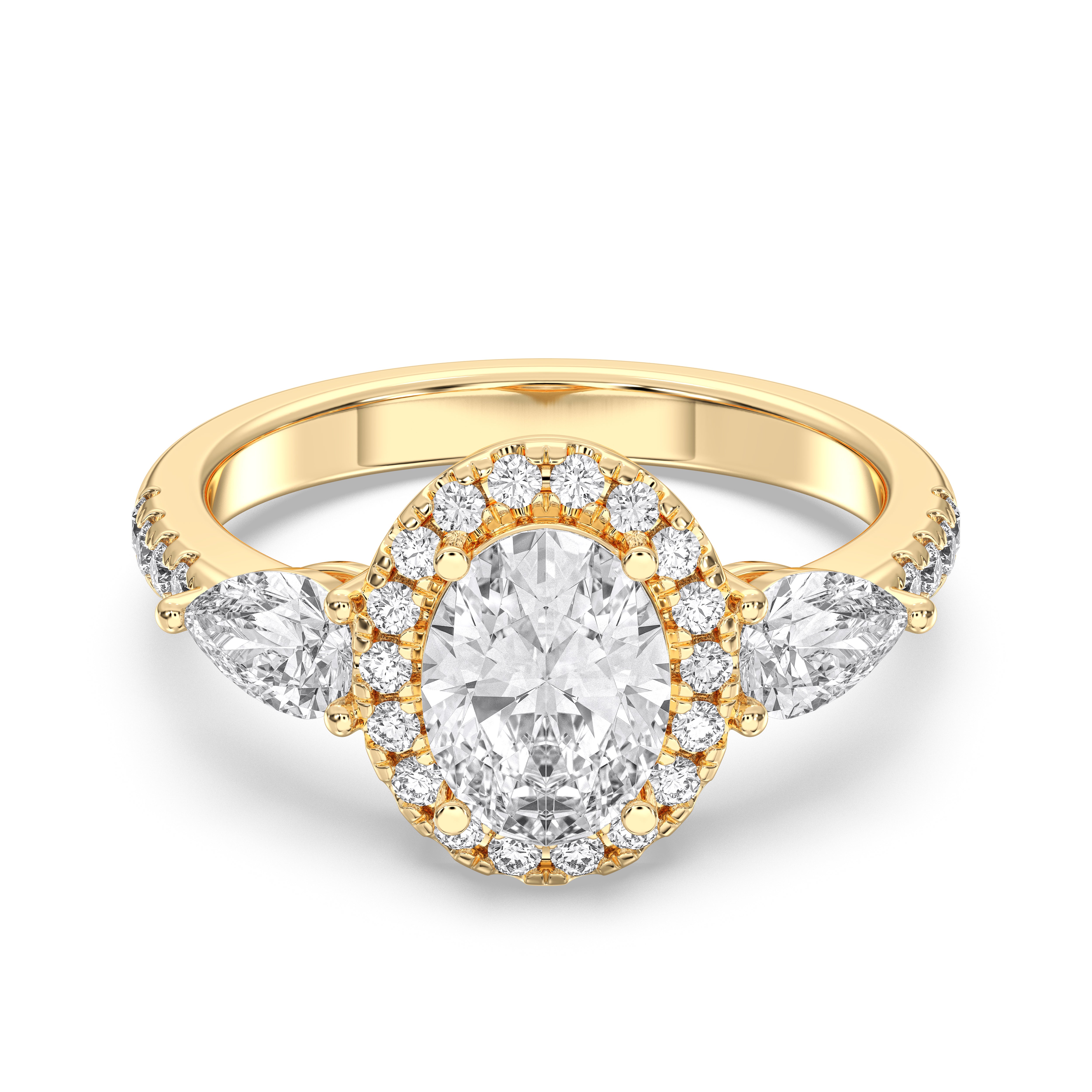 Oval, Pear & Round Shape 2.50 Carat Lab Grown Diamond Halo Set Engagement Ring in Solid Gold