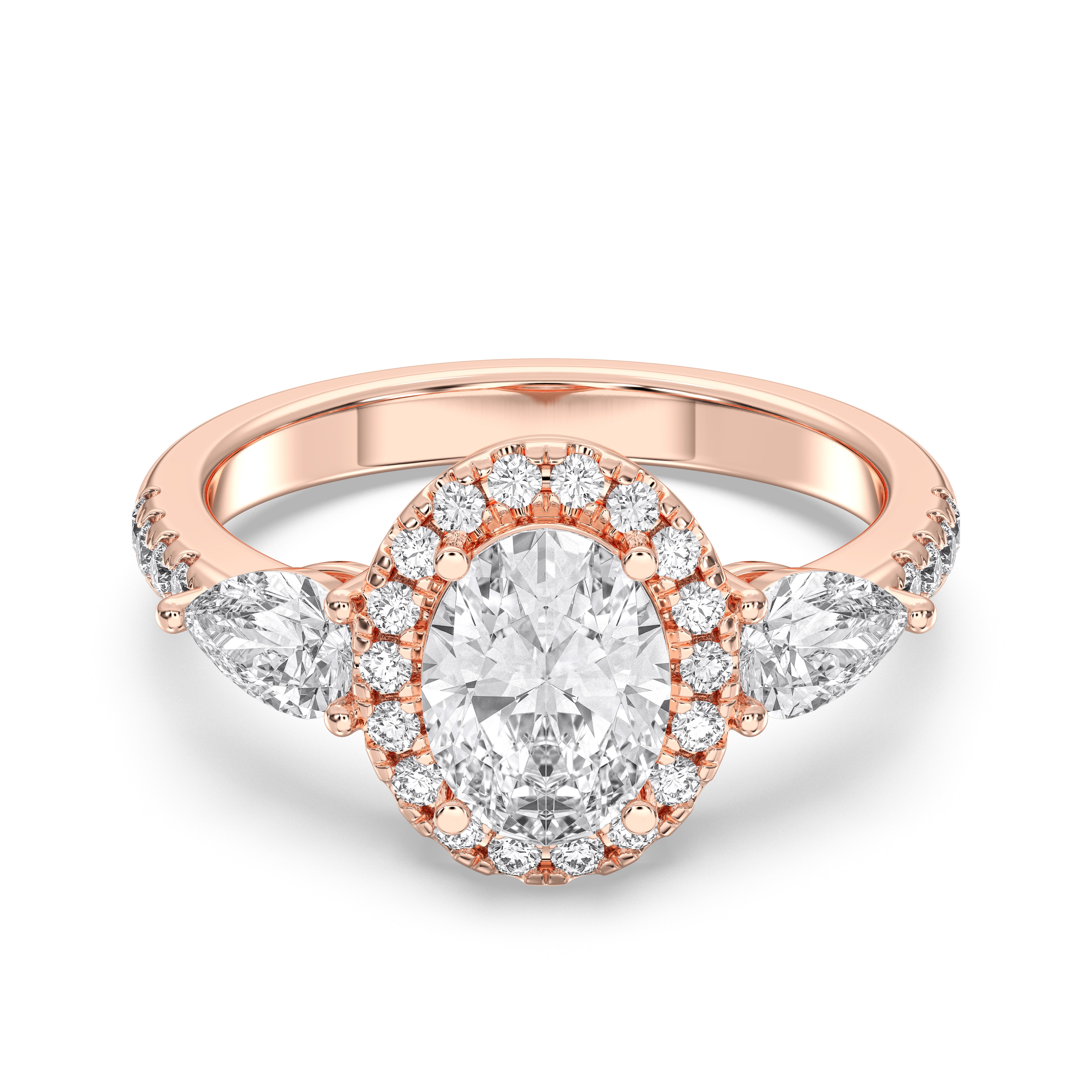 Oval, Pear & Round Shape 2.50 Carat Lab Grown Diamond Halo Set Engagement Ring in Solid Gold