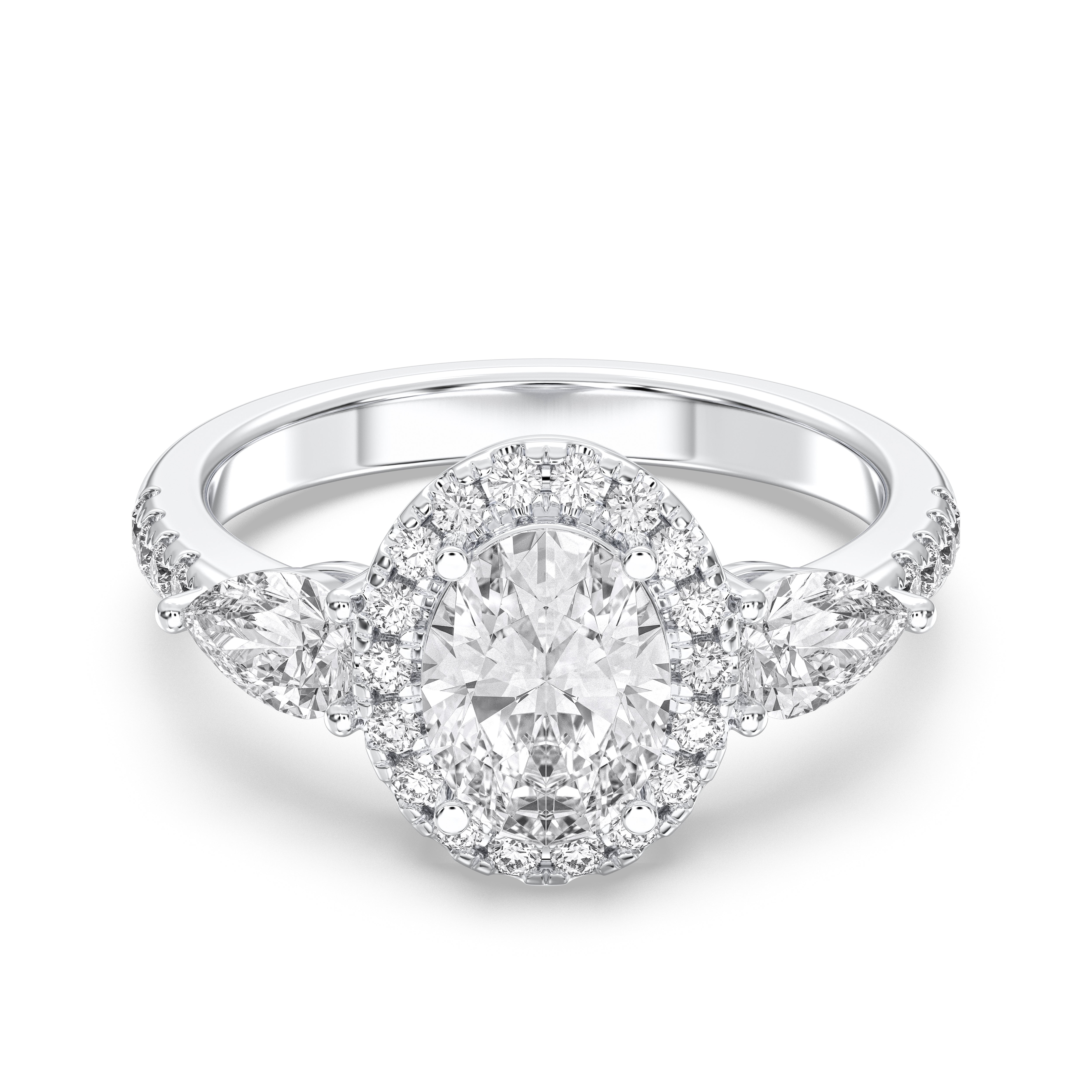 Oval, Pear & Round Shape 2.50 Carat Lab Grown Diamond Halo Set Engagement Ring in Solid Gold