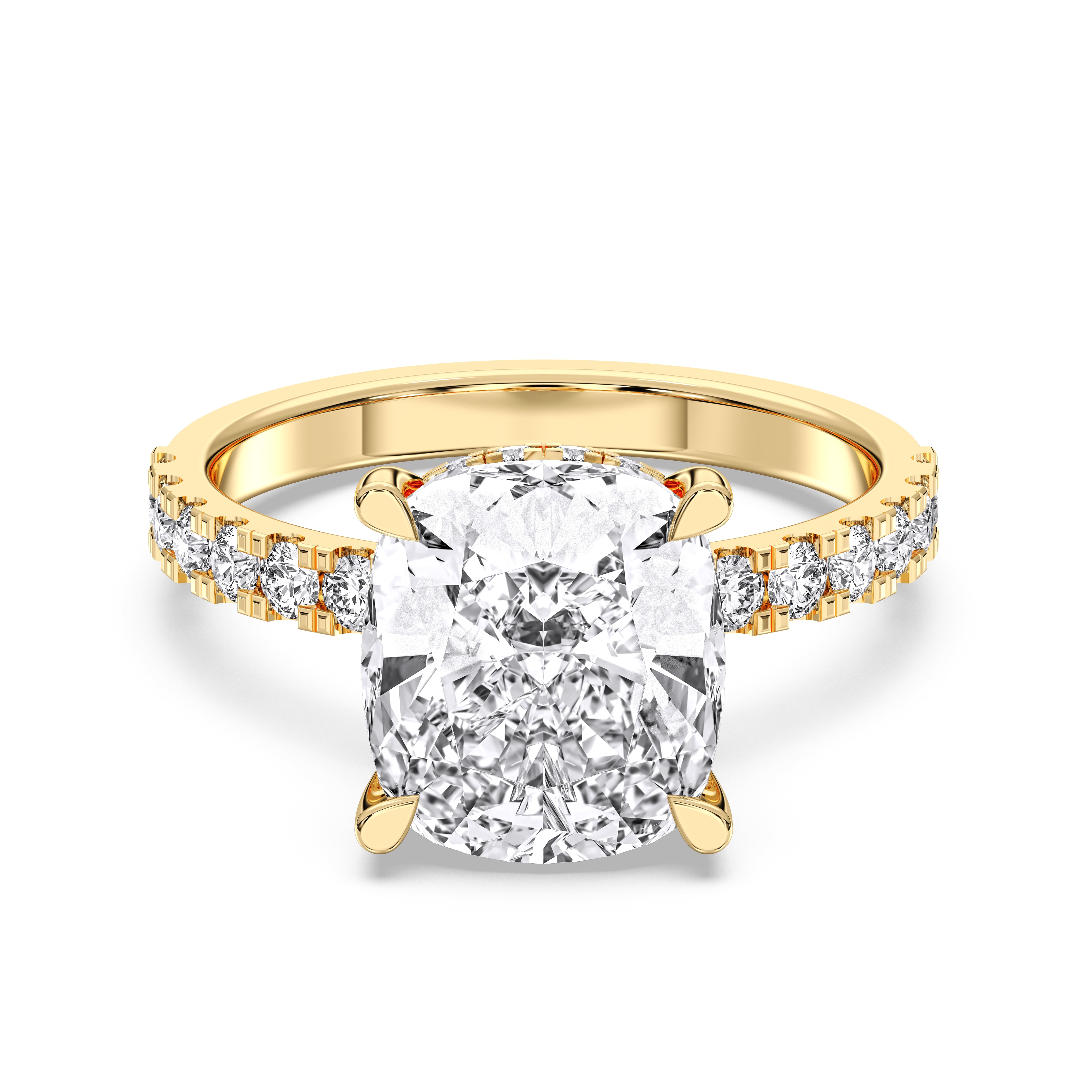 Cushion & Round Shape 5.70 Carat Lab Grown Diamond Prong Set Engagement Ring in Solid Gold for Women